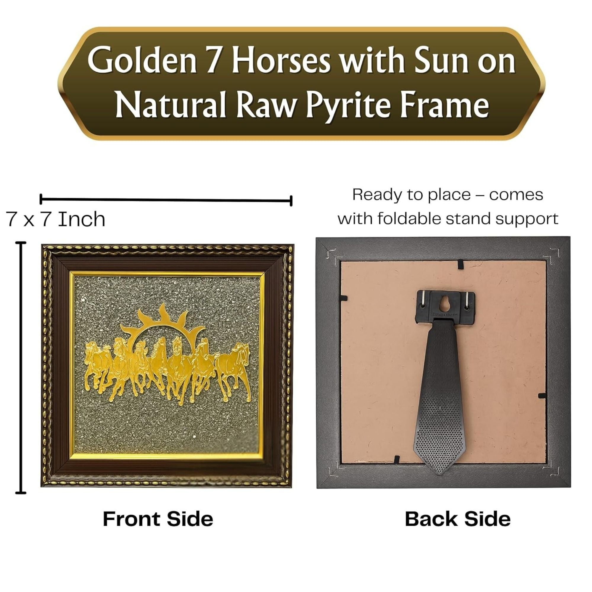 Pyrite Stone Vastu Frame | Seven Horses with Rising Sun | Wall Decor for Wealth & Protection | Golden Running Horses