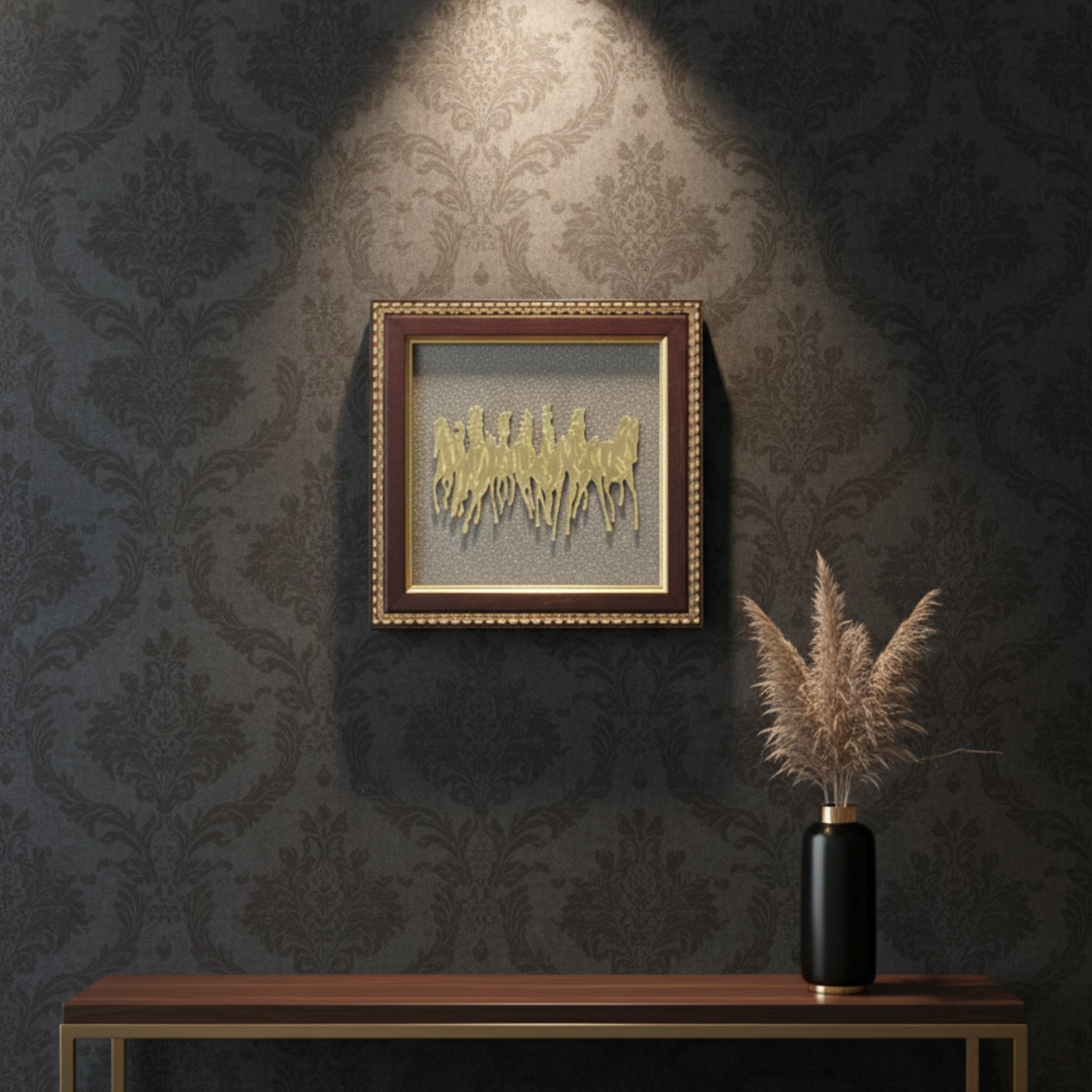 Pyrite Stone Vastu Frame | Seven Horses with Rising Sun | Wall Decor for Wealth & Protection | Golden Running Horses