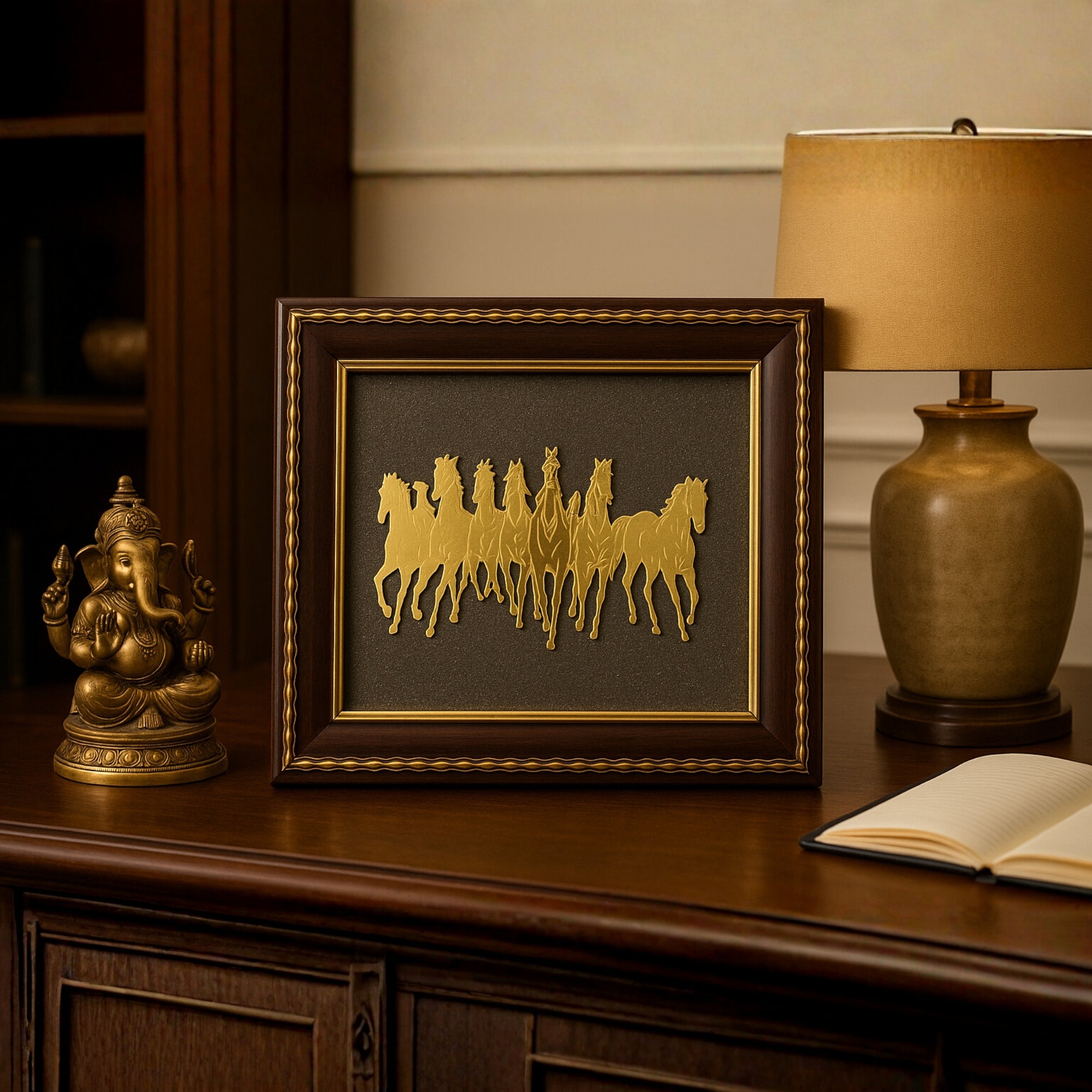 Pyrite Stone Vastu Frame | Seven Horses with Rising Sun | Wall Decor for Wealth & Protection | Golden Running Horses