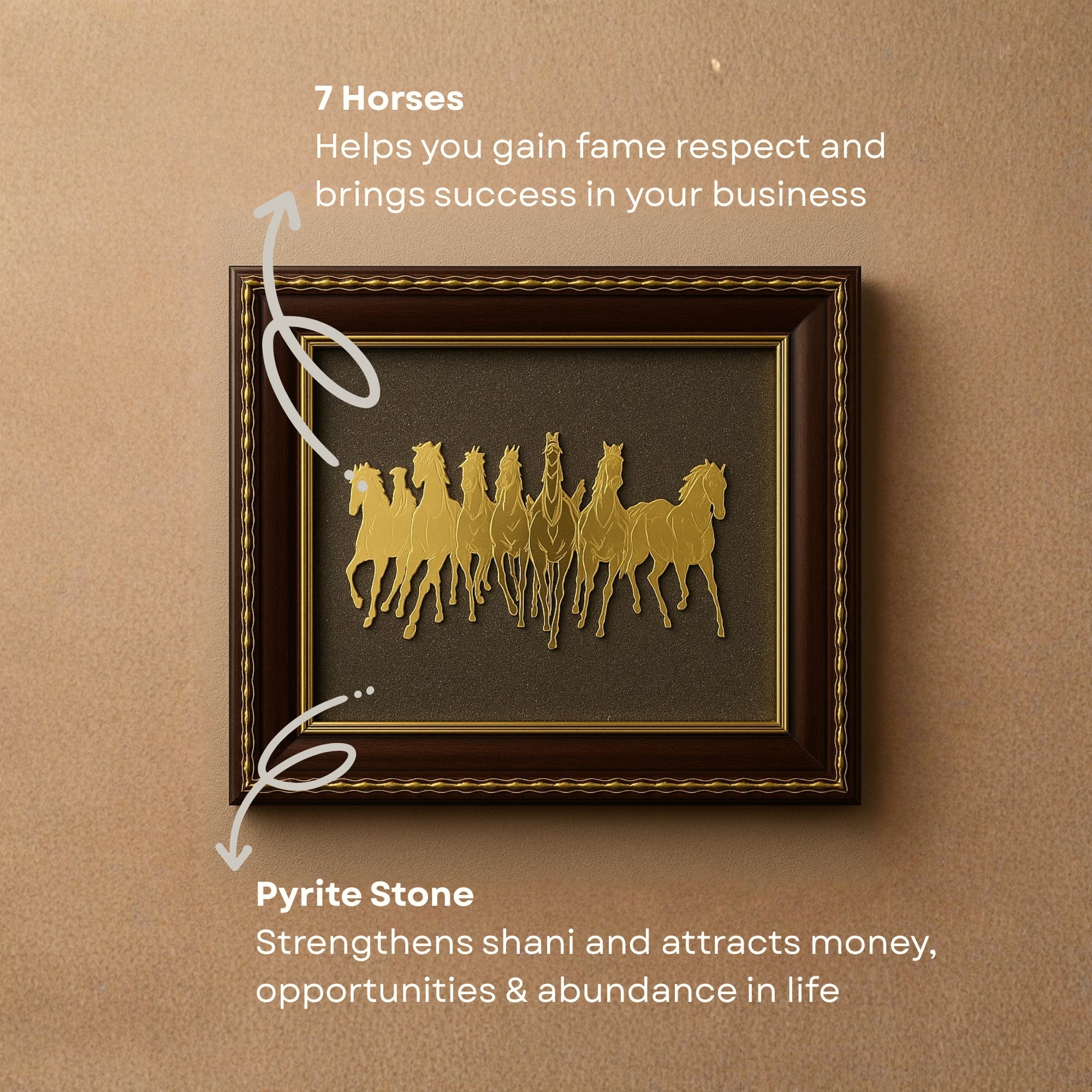 Pyrite Stone Vastu Frame | Seven Horses with Rising Sun | Wall Decor for Wealth & Protection | Golden Running Horses