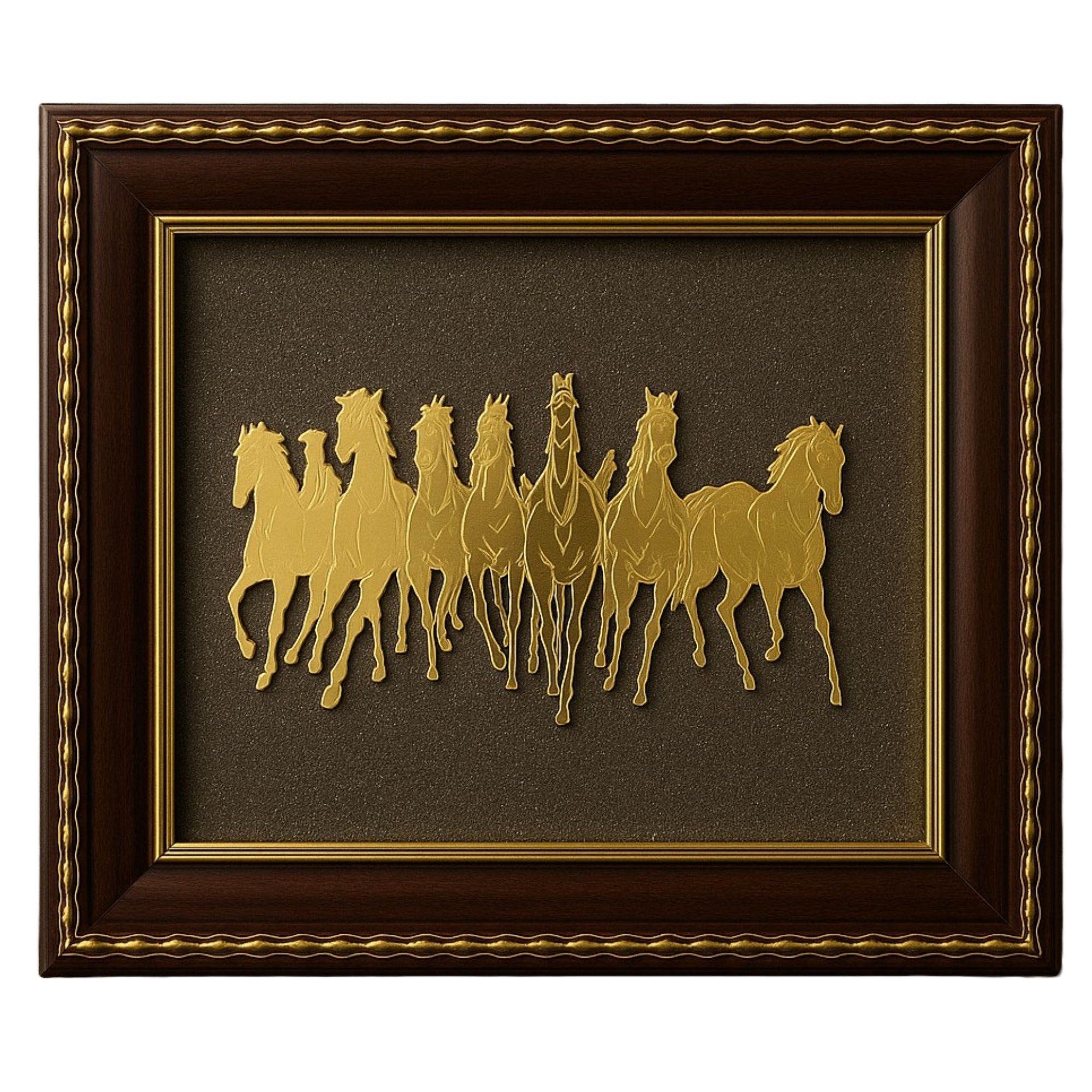 Pyrite Stone Vastu Frame | Seven Horses with Rising Sun | Wall Decor for Wealth & Protection | Golden Running Horses