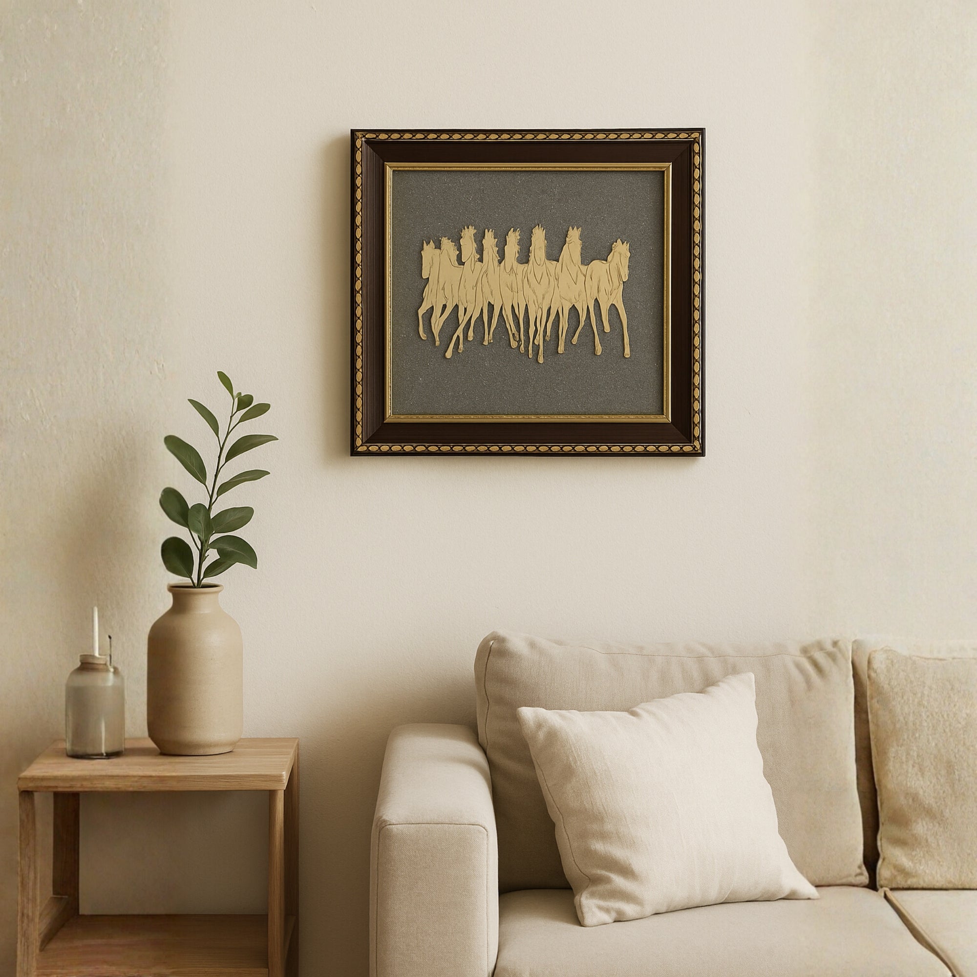 Pyrite Stone Vastu Frame | Seven Horses with Rising Sun | Wall Decor for Wealth & Protection | Golden Running Horses