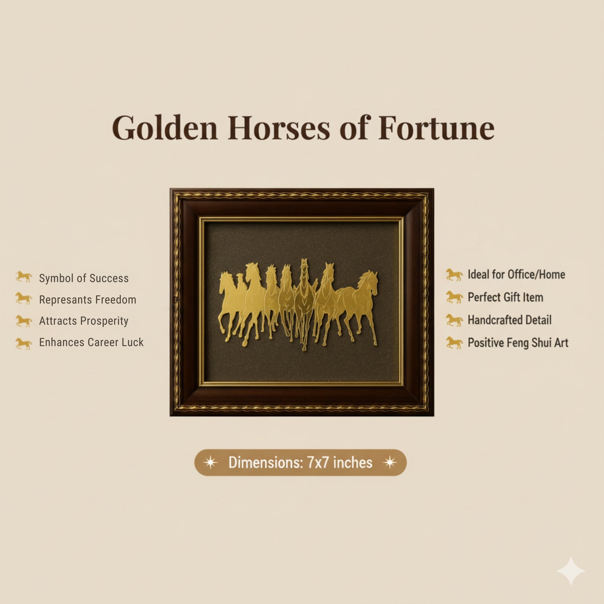 Pyrite Stone Vastu Frame | Seven Horses with Rising Sun | Wall Decor for Wealth & Protection | Golden Running Horses