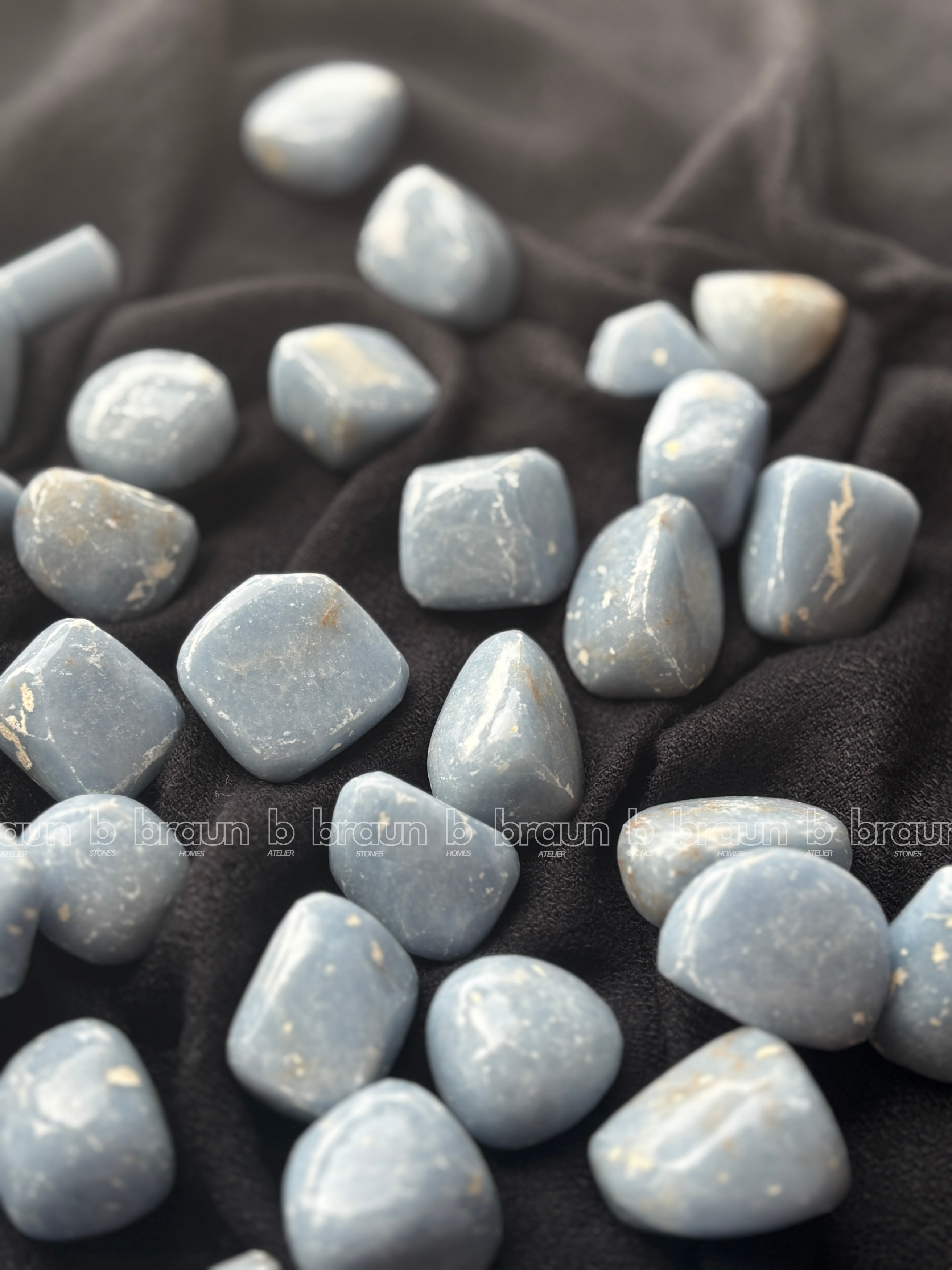 NaturalBlue Lace Agate tumbled crystals by Braun Homes √ê polished healing stones for meditation, Reiki, chakra balancing, anxiety relief, and spiritual energy protection in deep purple hues