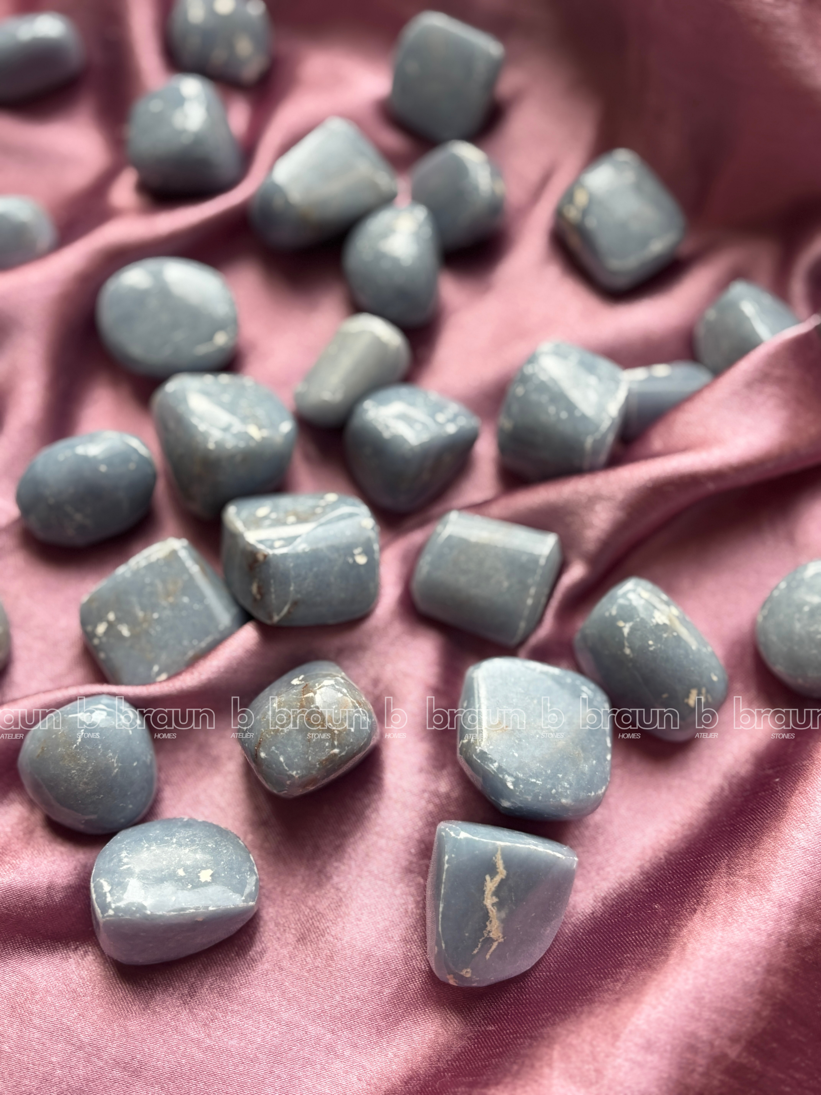 NaturalBlue Lace Agate tumbled crystals by Braun Homes √ê polished healing stones for meditation, Reiki, chakra balancing, anxiety relief, and spiritual energy protection in deep purple hues