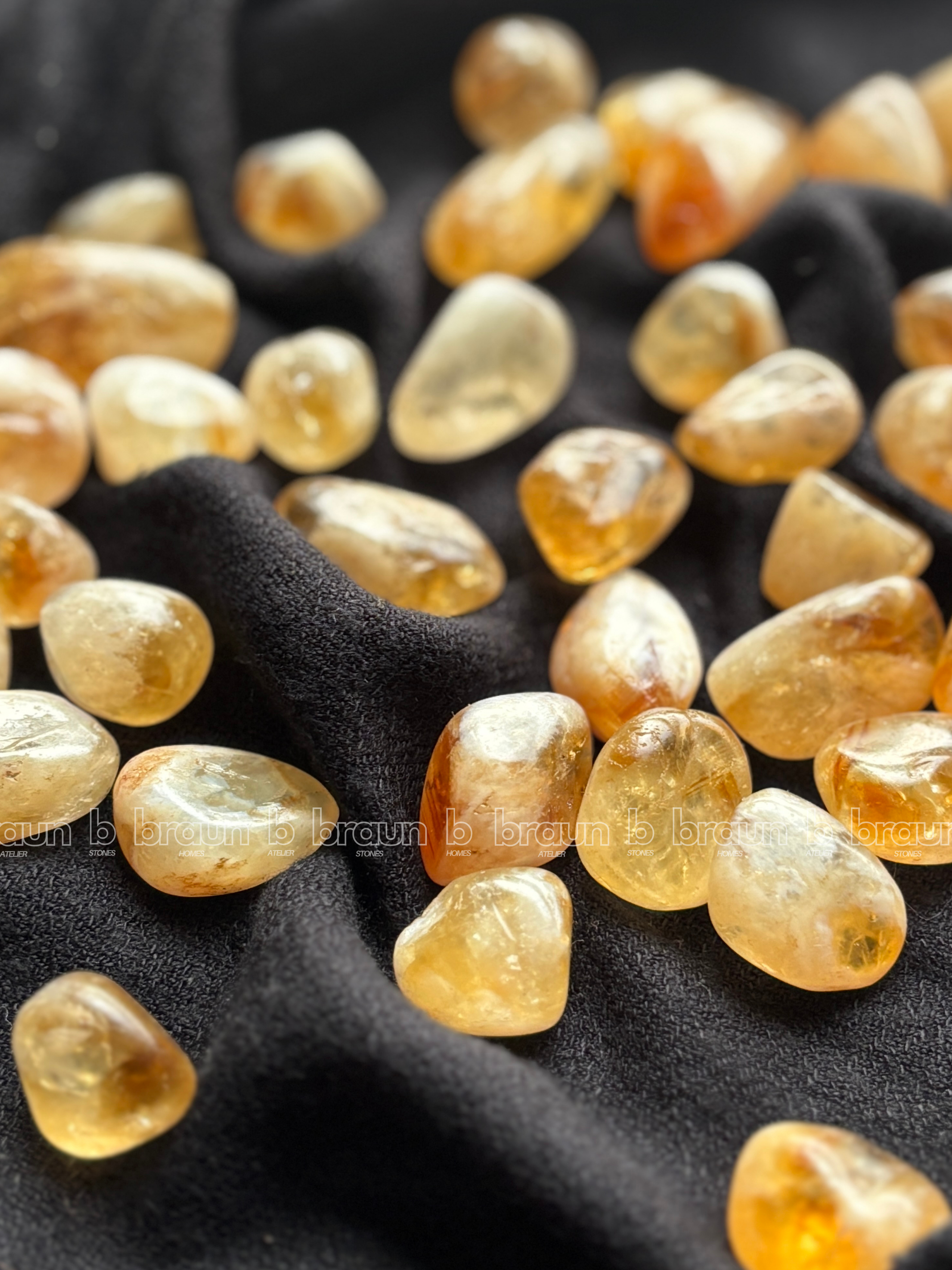 NaturalCitrine tumbled crystals by Braun Homes √ê polished healing stones for meditation, Reiki, chakra balancing, anxiety relief, and spiritual energy protection in deep purple hues