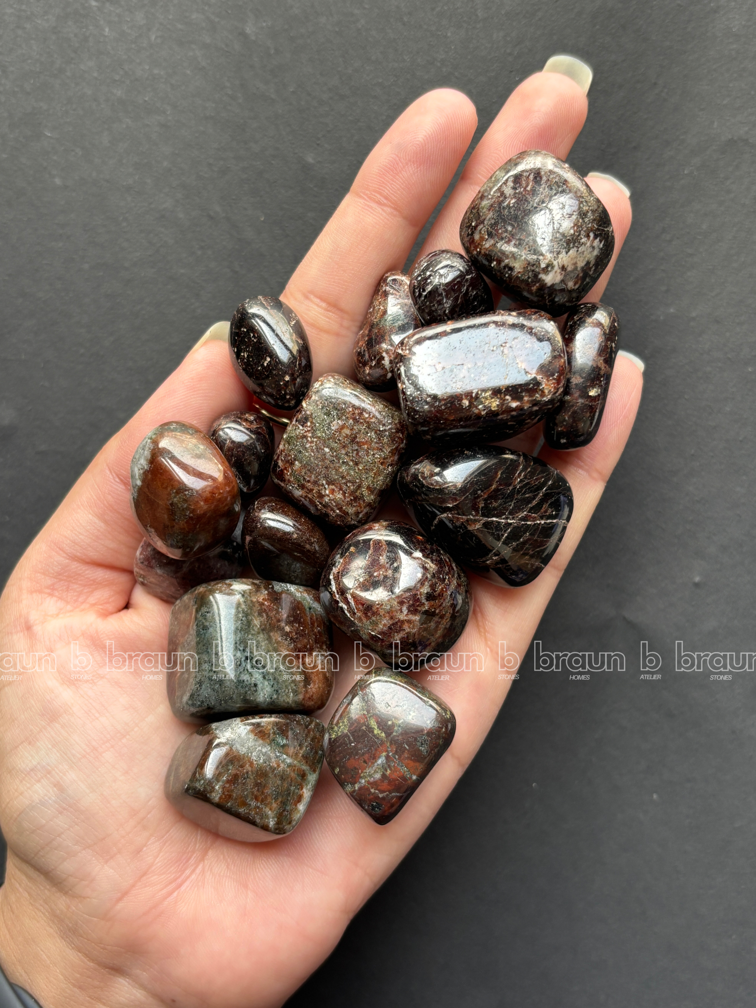 NaturalGarnet tumbled crystals by Braun Homes √ê polished healing stones for meditation, Reiki, chakra balancing, anxiety relief, and spiritual energy protection in deep purple hues