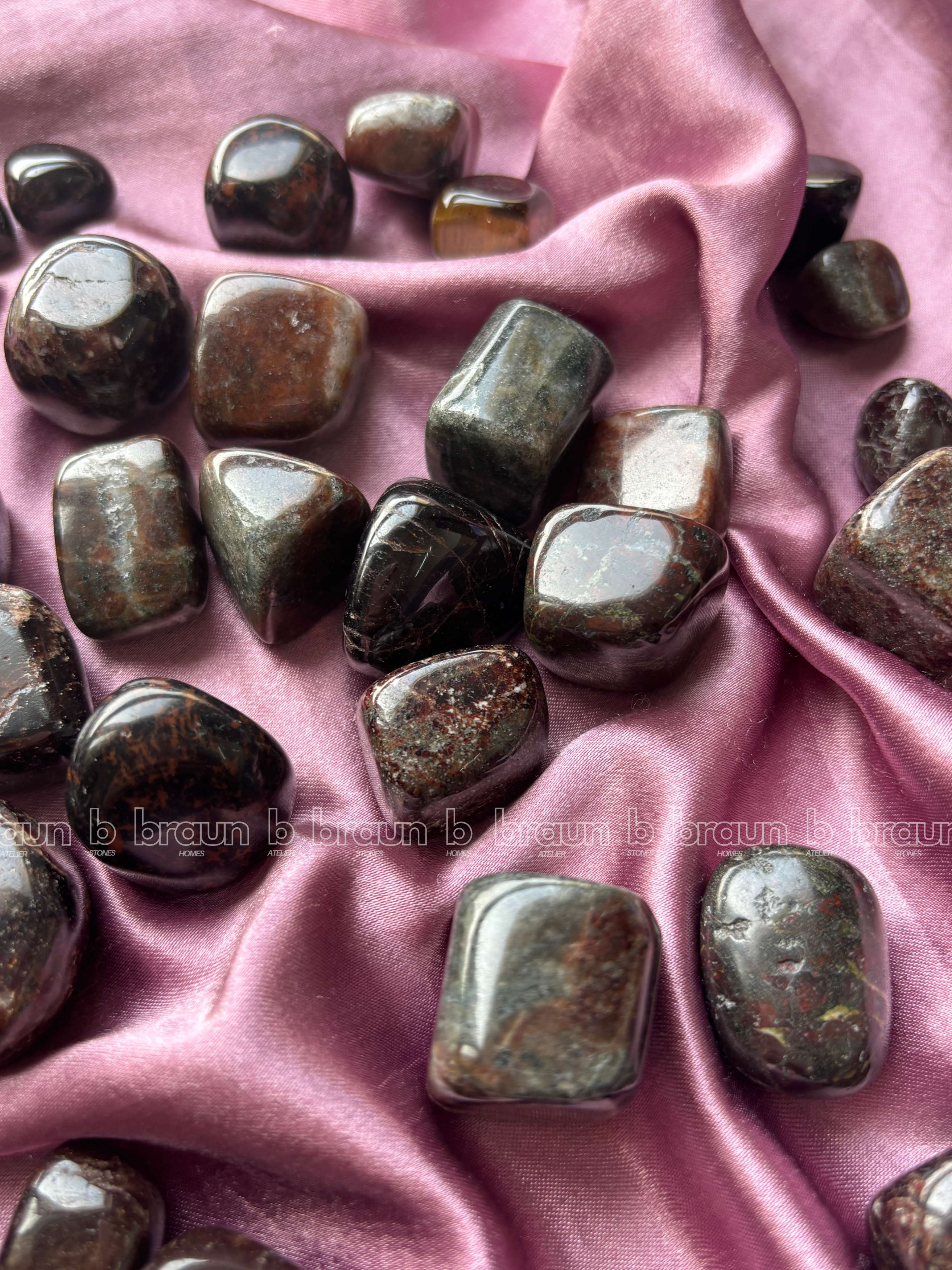 NaturalGarnet tumbled crystals by Braun Homes √ê polished healing stones for meditation, Reiki, chakra balancing, anxiety relief, and spiritual energy protection in deep purple hues