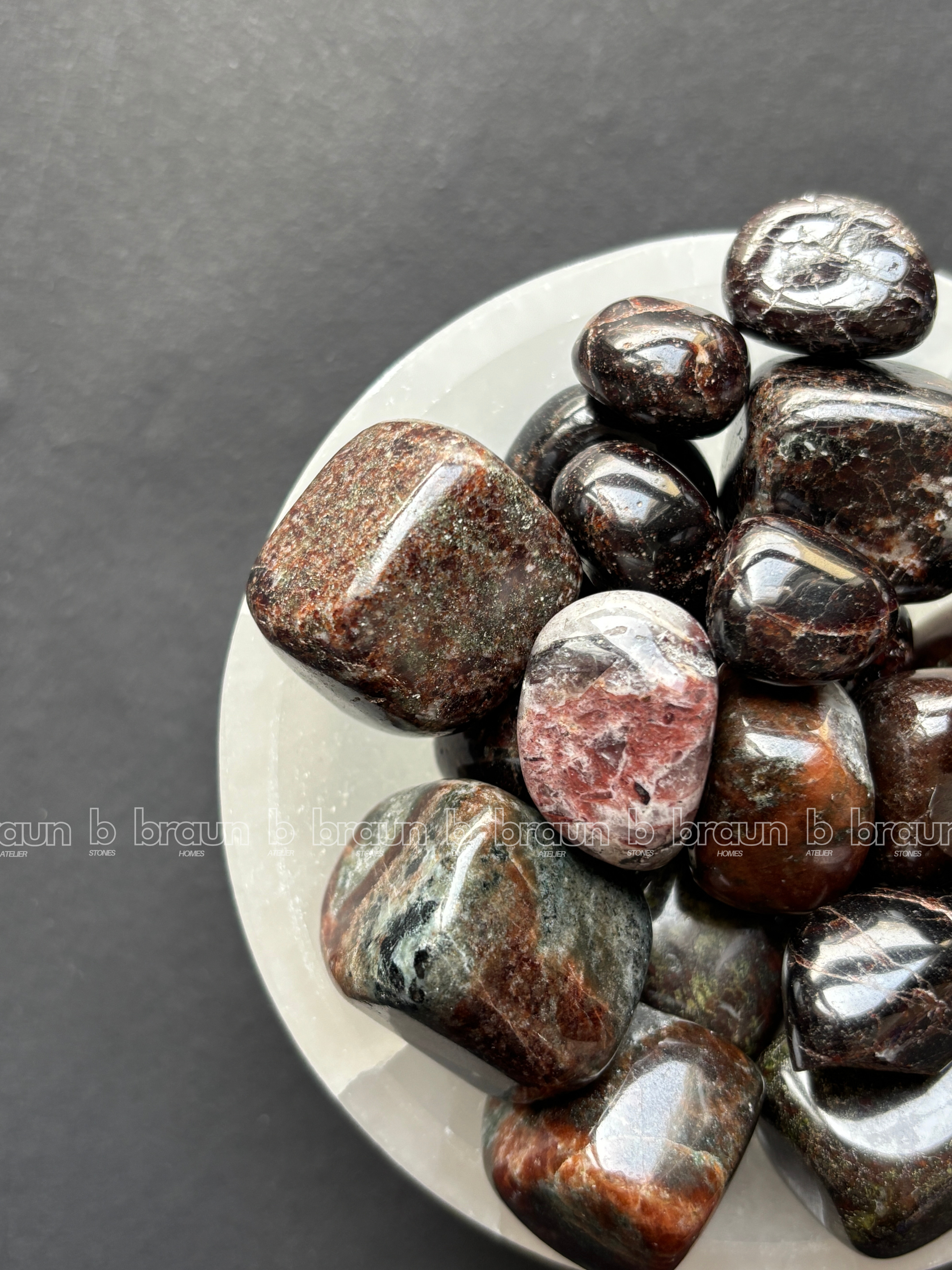 NaturalGarnet tumbled crystals by Braun Homes √ê polished healing stones for meditation, Reiki, chakra balancing, anxiety relief, and spiritual energy protection in deep purple hues