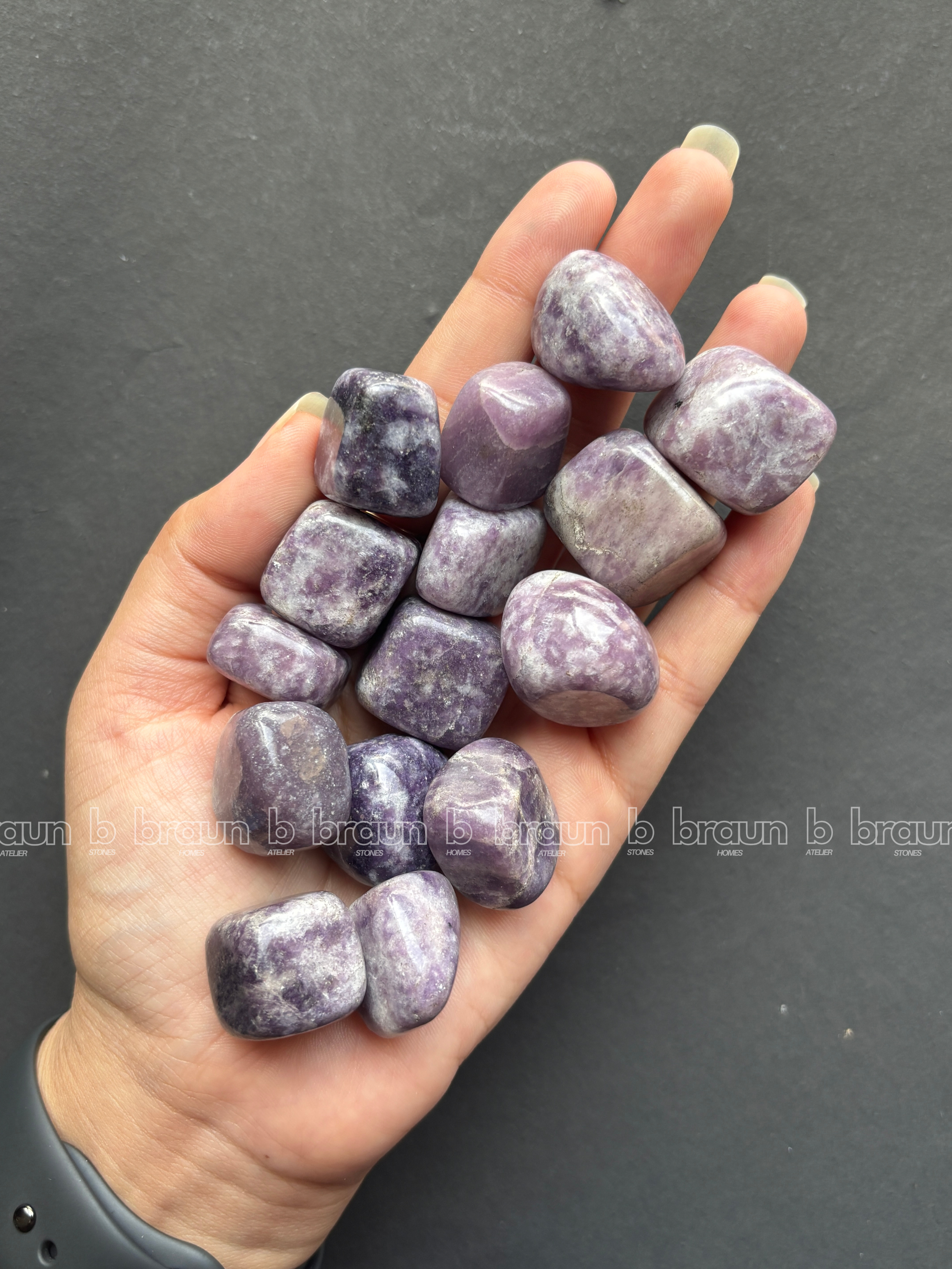 NaturalLepidolite tumbled crystals by Braun Homes √ê polished healing stones for meditation, Reiki, chakra balancing, anxiety relief, and spiritual energy protection in deep purple hues