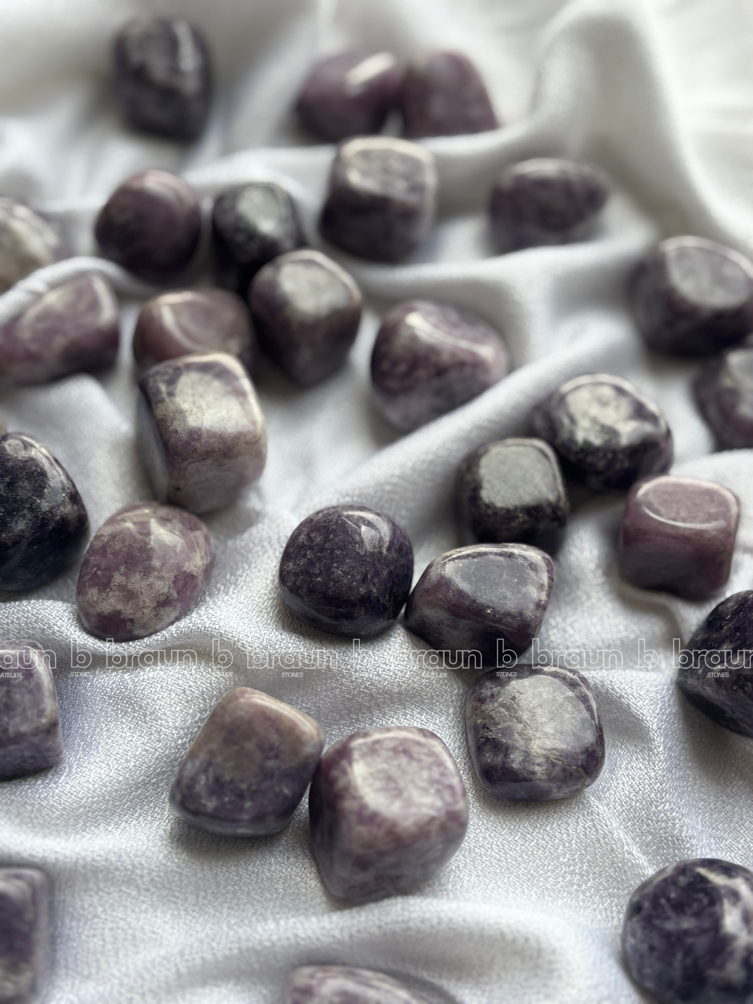NaturalLepidolite tumbled crystals by Braun Homes √ê polished healing stones for meditation, Reiki, chakra balancing, anxiety relief, and spiritual energy protection in deep purple hues