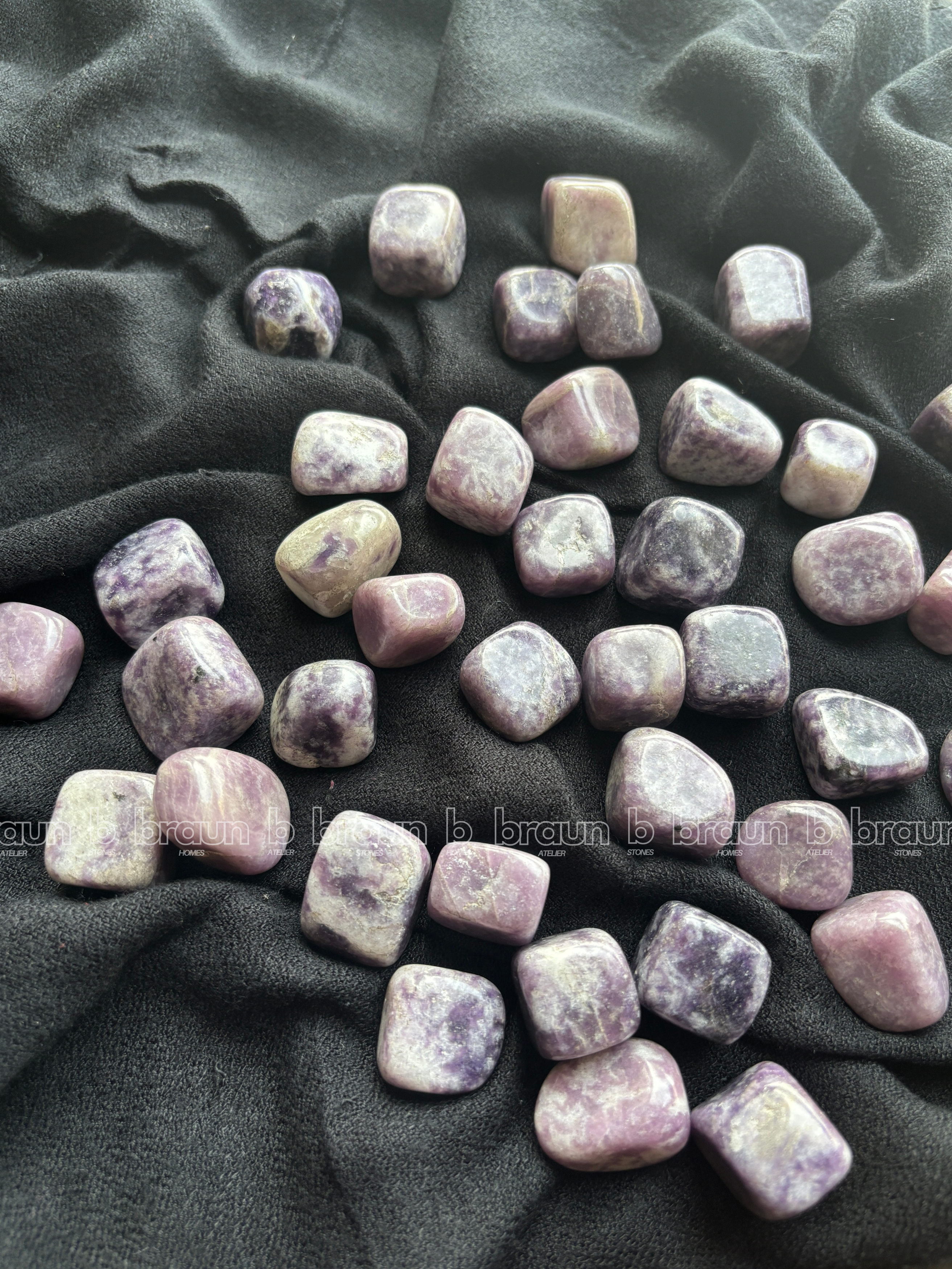 NaturalLepidolite tumbled crystals by Braun Homes √ê polished healing stones for meditation, Reiki, chakra balancing, anxiety relief, and spiritual energy protection in deep purple hues