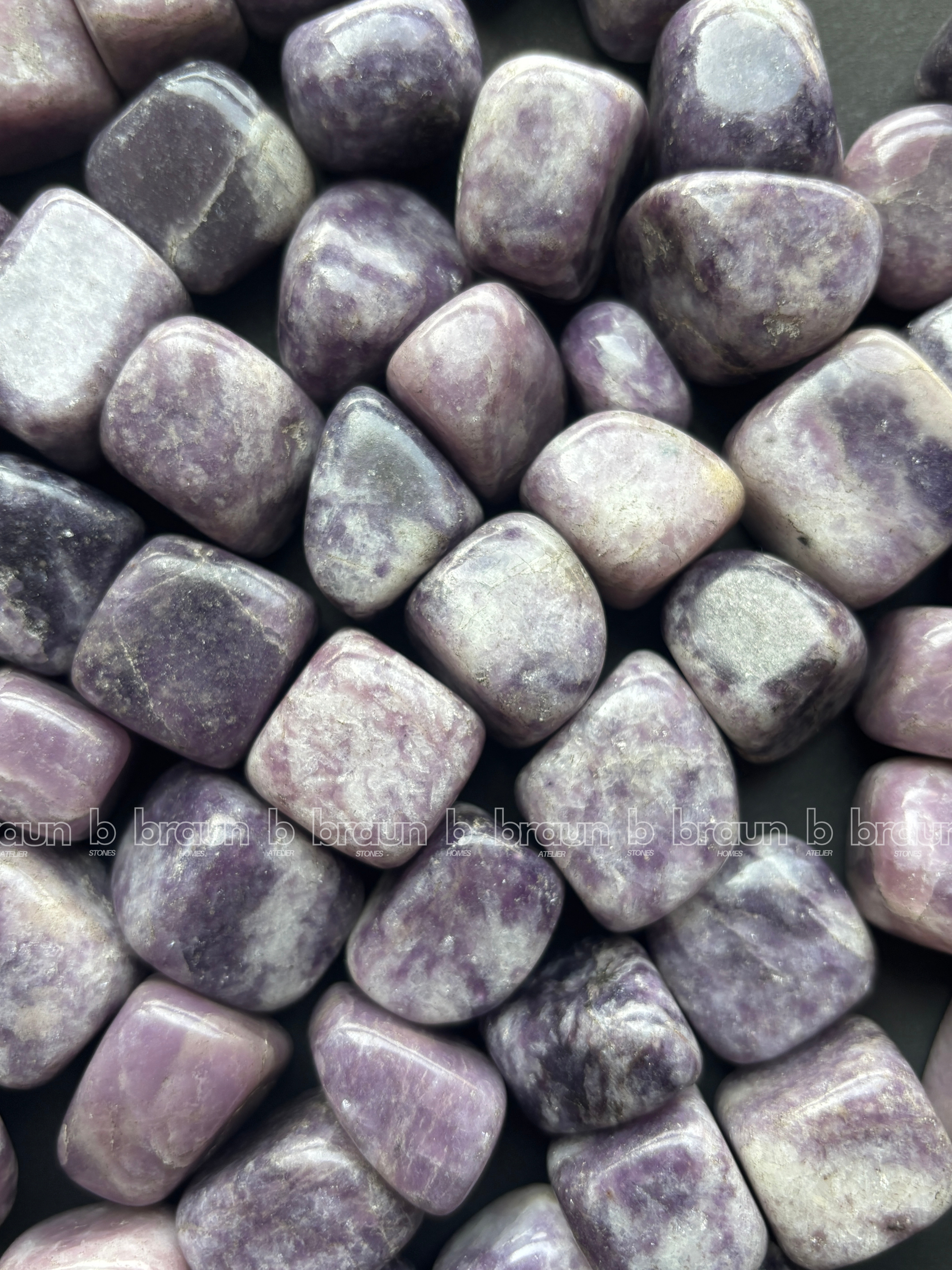 NaturalLepidolite tumbled crystals by Braun Homes √ê polished healing stones for meditation, Reiki, chakra balancing, anxiety relief, and spiritual energy protection in deep purple hues