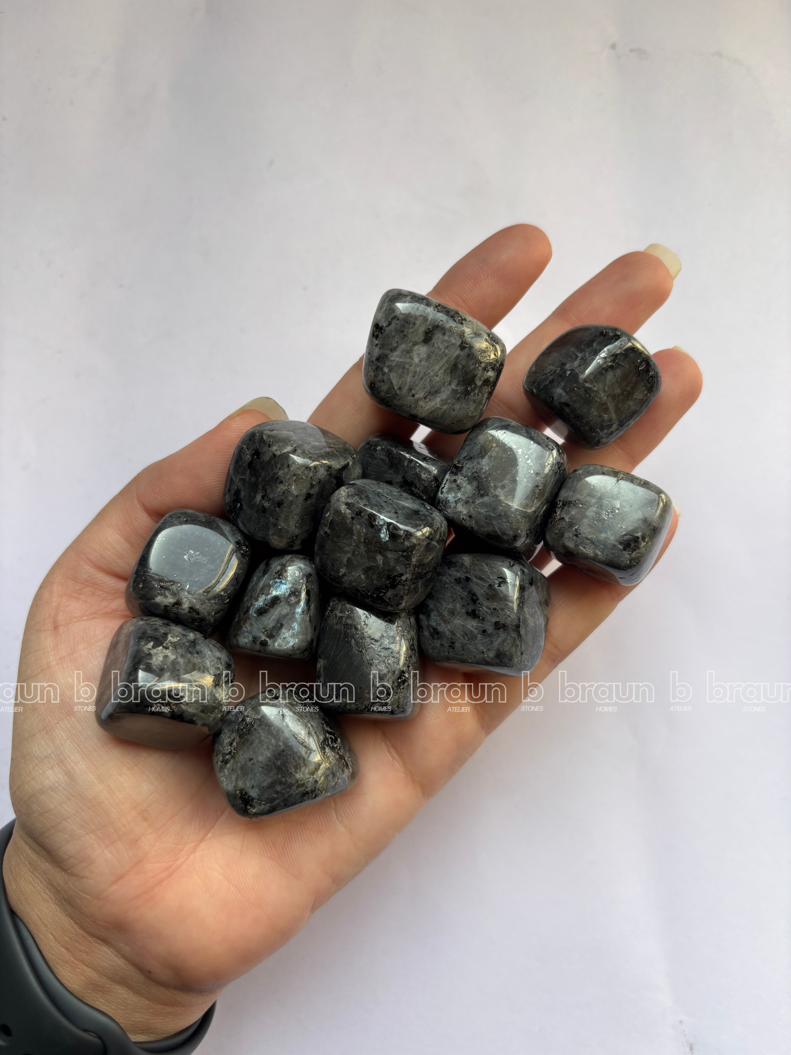 NaturalLarvakite tumbled crystals by Braun Homes √ê polished healing stones for meditation, Reiki, chakra balancing, anxiety relief, and spiritual energy protection in deep purple hues