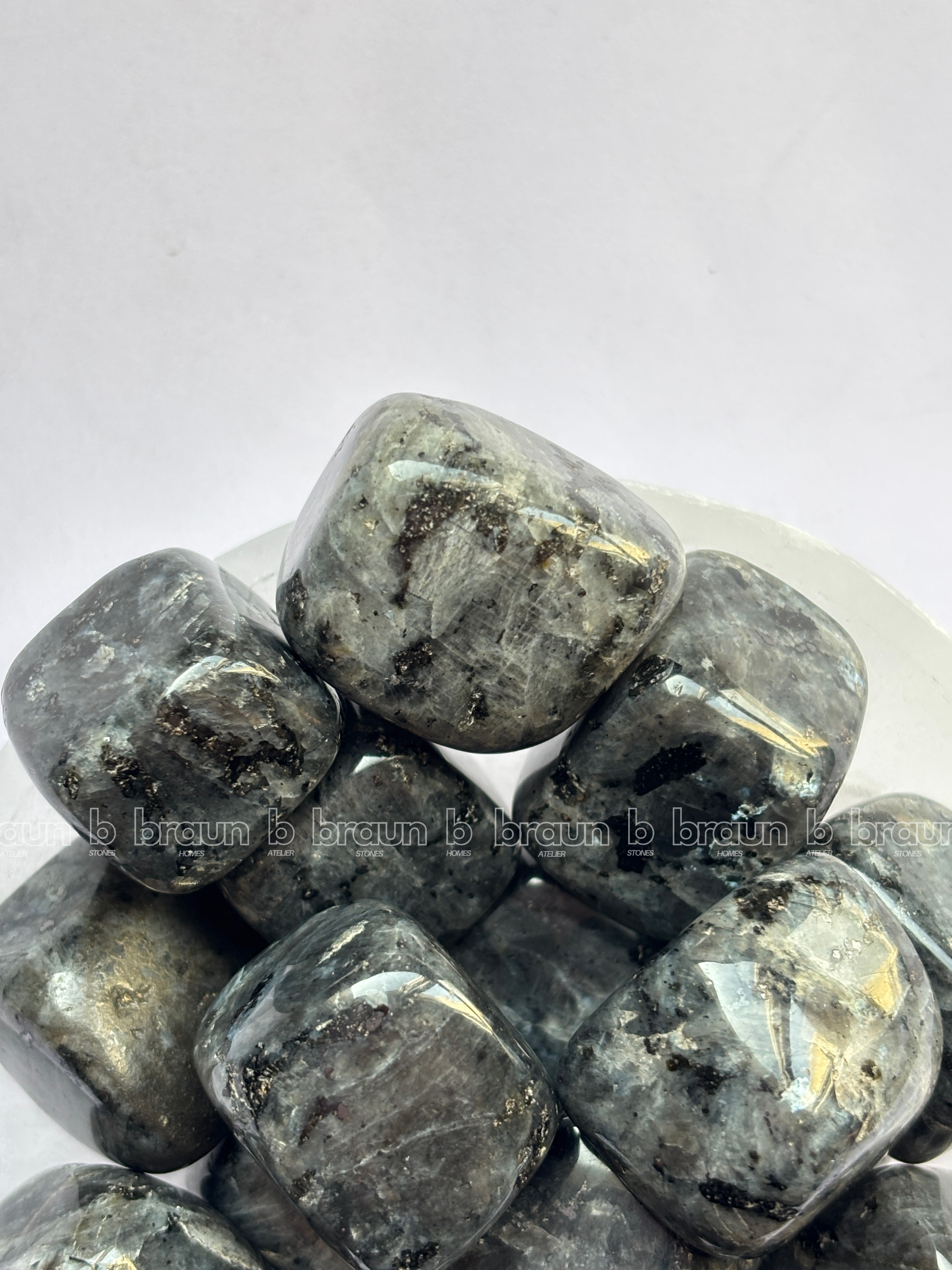 NaturalLarvakite tumbled crystals by Braun Homes √ê polished healing stones for meditation, Reiki, chakra balancing, anxiety relief, and spiritual energy protection in deep purple hues