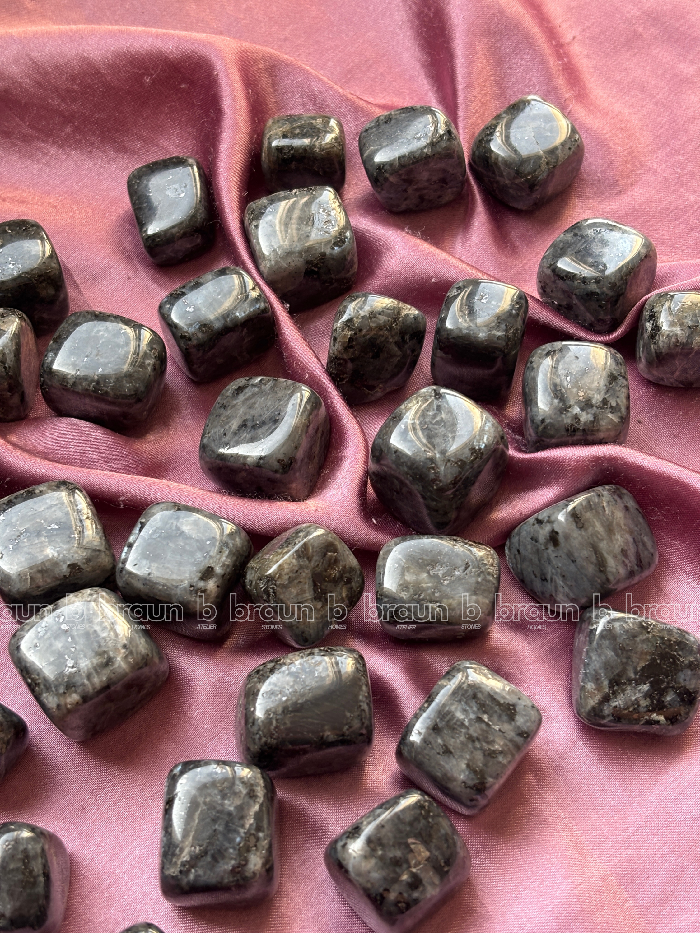 NaturalLarvakite tumbled crystals by Braun Homes √ê polished healing stones for meditation, Reiki, chakra balancing, anxiety relief, and spiritual energy protection in deep purple hues