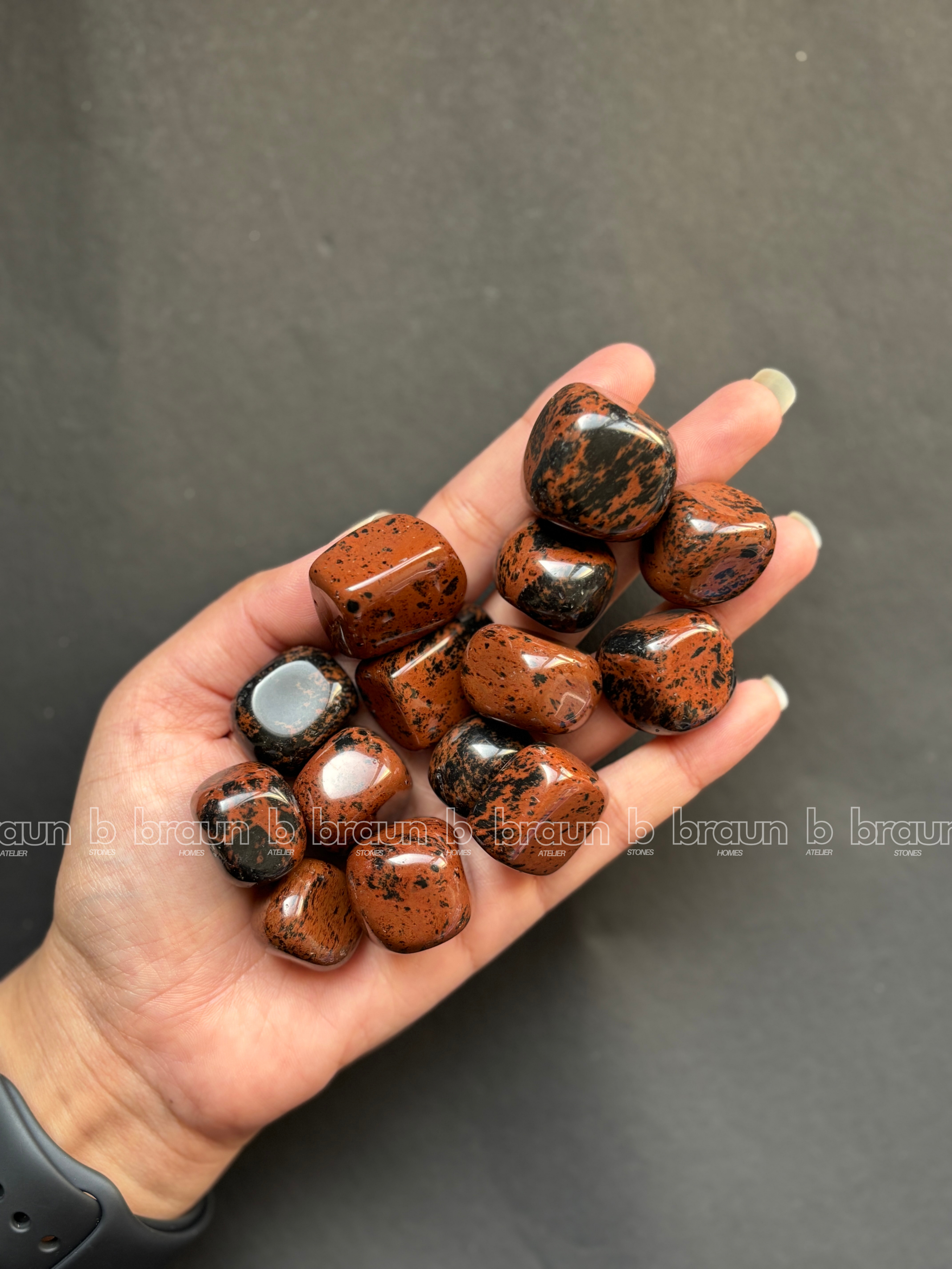 NaturalMahogany Obsidian tumbled crystals by Braun Homes √ê polished healing stones for meditation, Reiki, chakra balancing, anxiety relief, and spiritual energy protection in deep purple hues