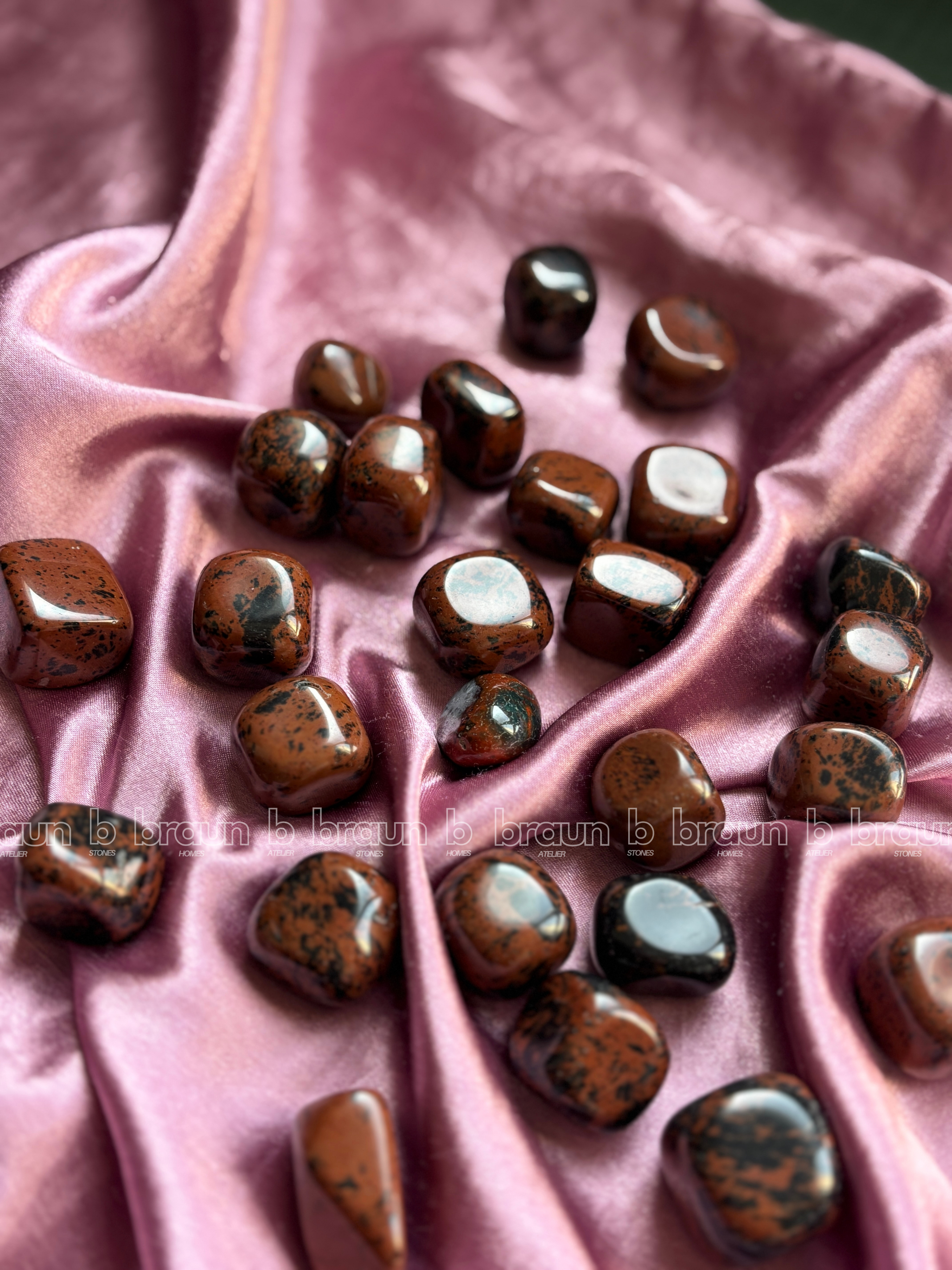 NaturalMahogany Obsidian tumbled crystals by Braun Homes √ê polished healing stones for meditation, Reiki, chakra balancing, anxiety relief, and spiritual energy protection in deep purple hues