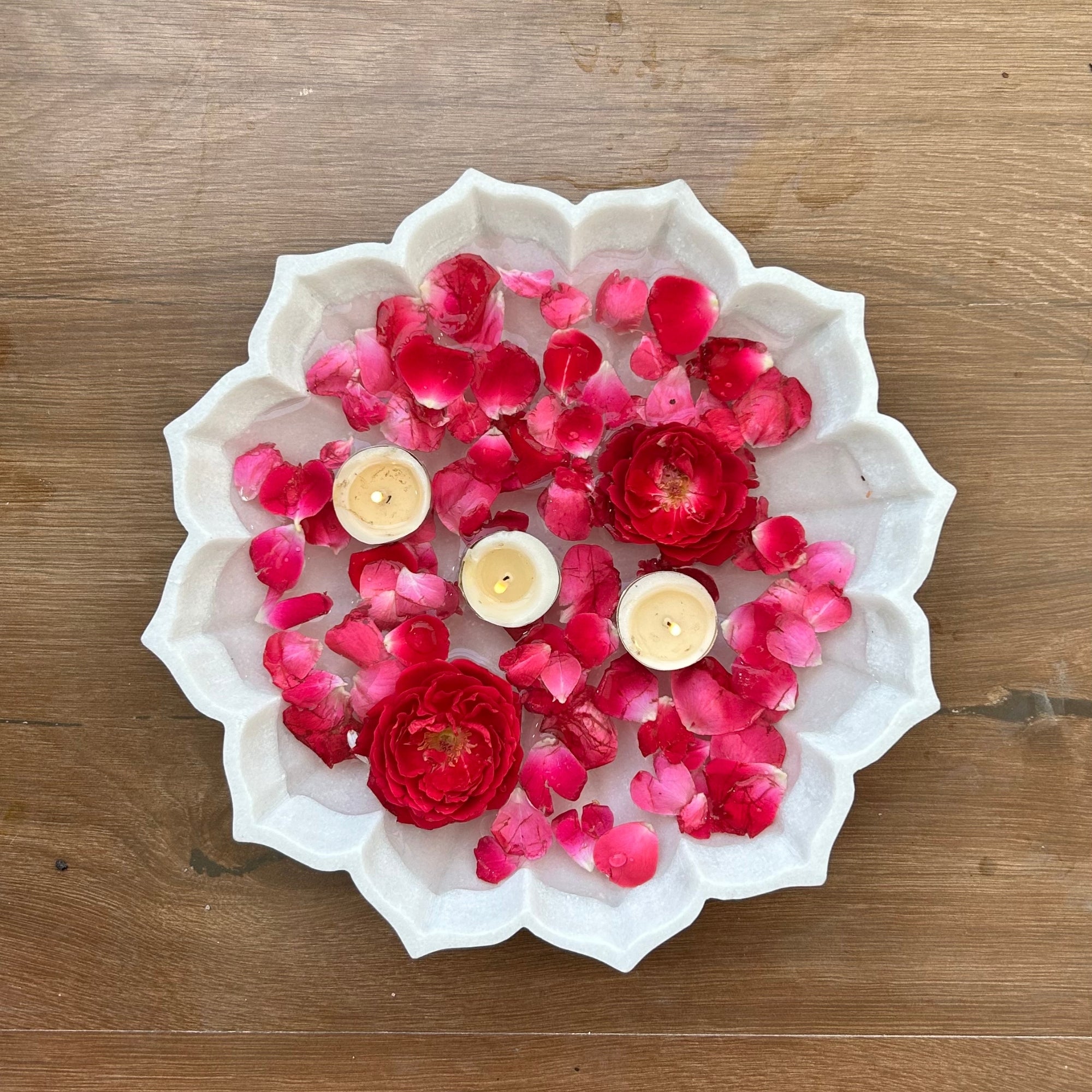 Petal Glow Marble Urli - 12 inch