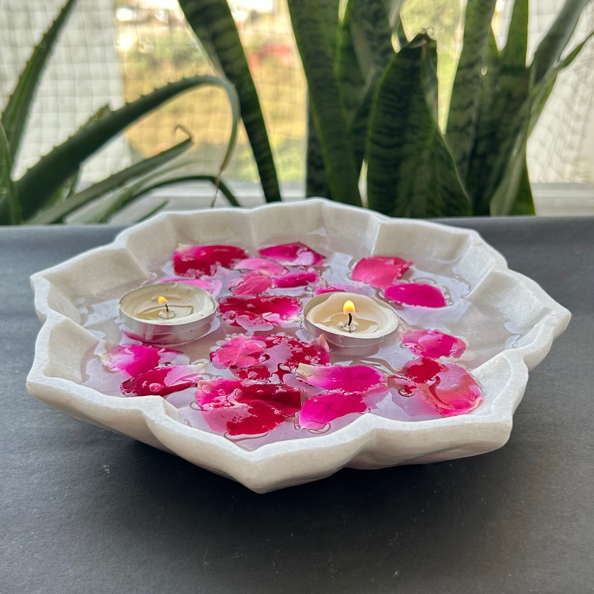 Petal Glow Marble Urli - 9 inch