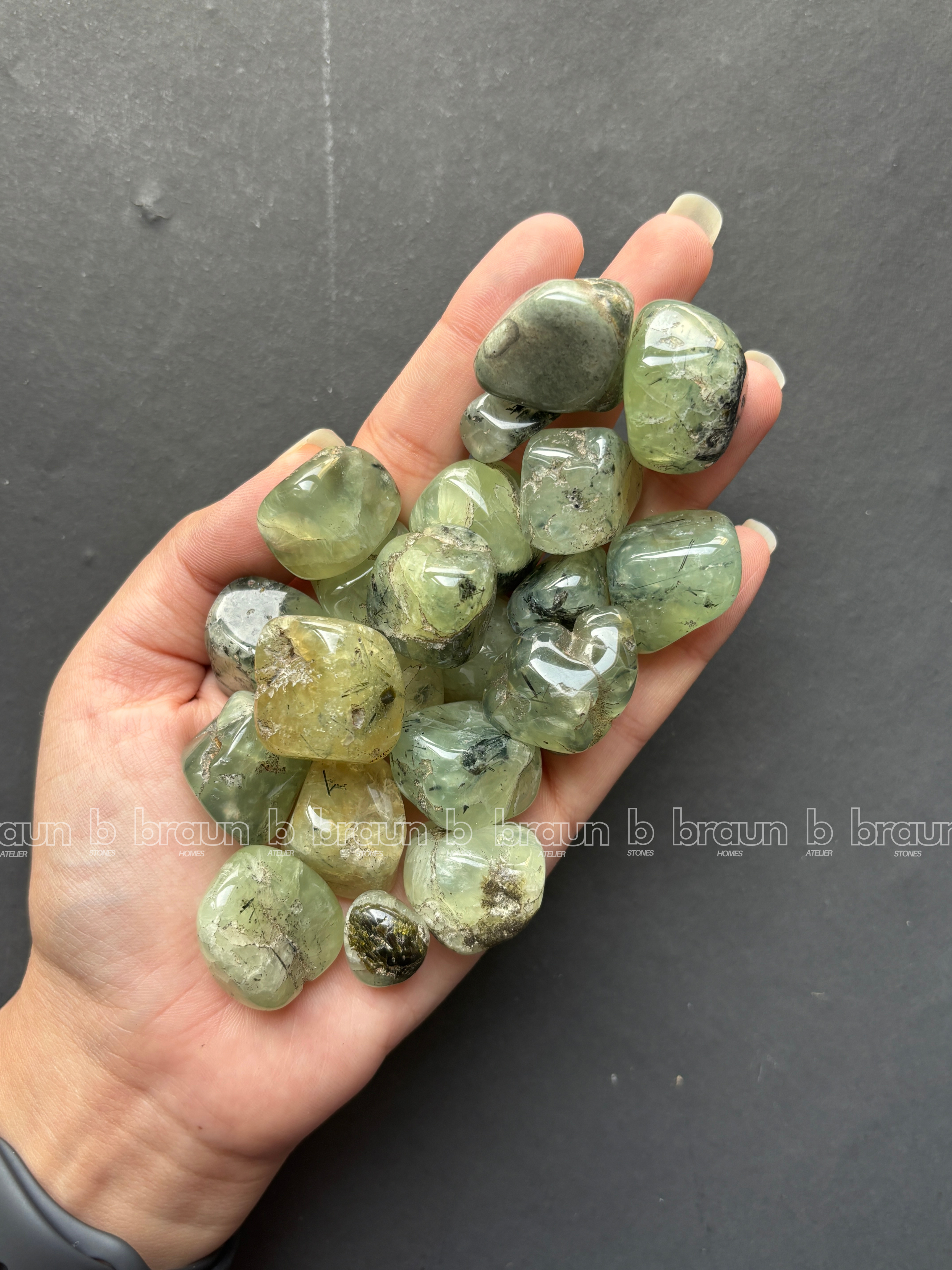 NaturalPrehnite tumbled crystals by Braun Homes √ê polished healing stones for meditation, Reiki, chakra balancing, anxiety relief, and spiritual energy protection in deep purple hues