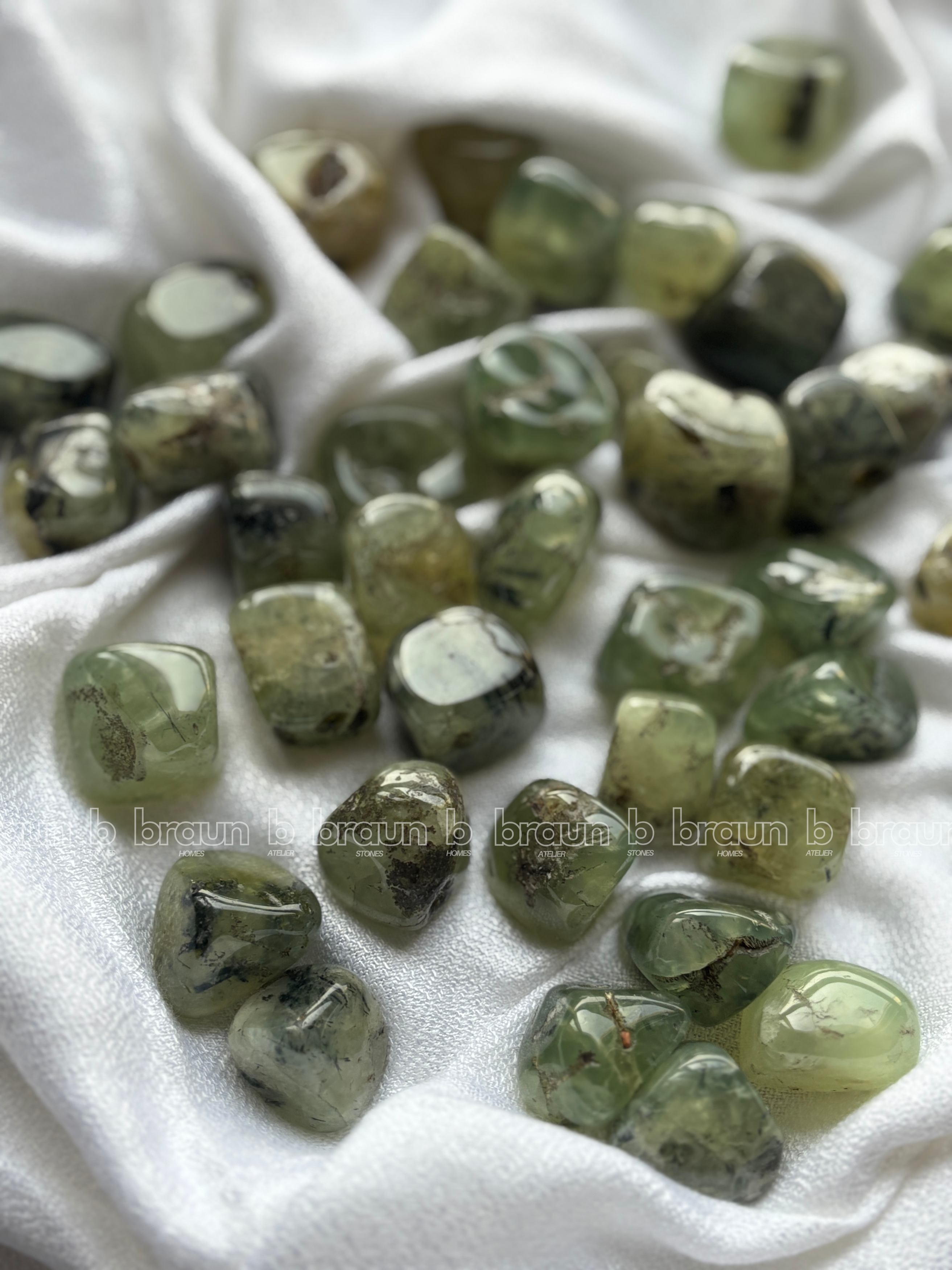 NaturalPrehnite tumbled crystals by Braun Homes √ê polished healing stones for meditation, Reiki, chakra balancing, anxiety relief, and spiritual energy protection in deep purple hues