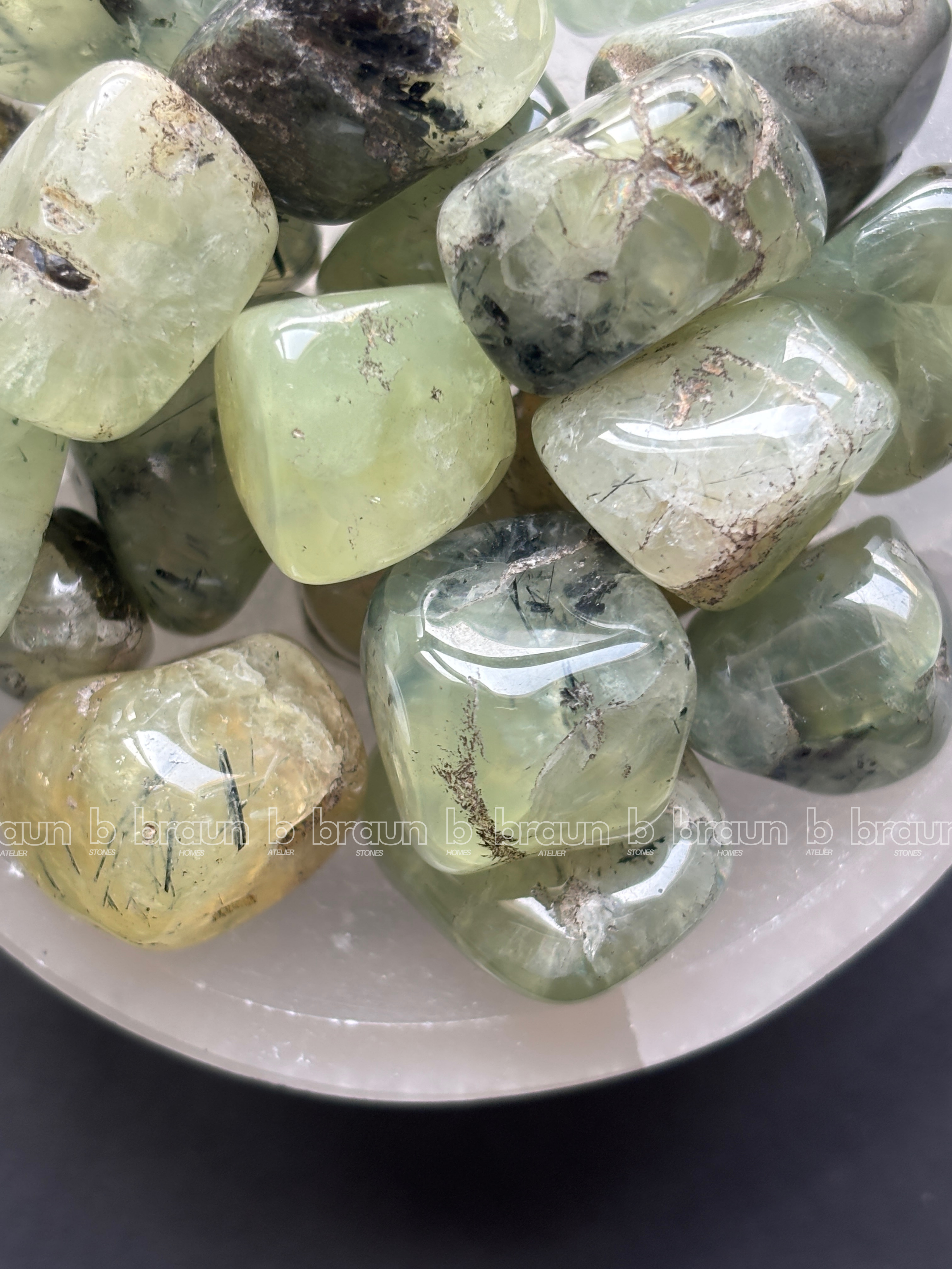 NaturalPrehnite tumbled crystals by Braun Homes √ê polished healing stones for meditation, Reiki, chakra balancing, anxiety relief, and spiritual energy protection in deep purple hues
