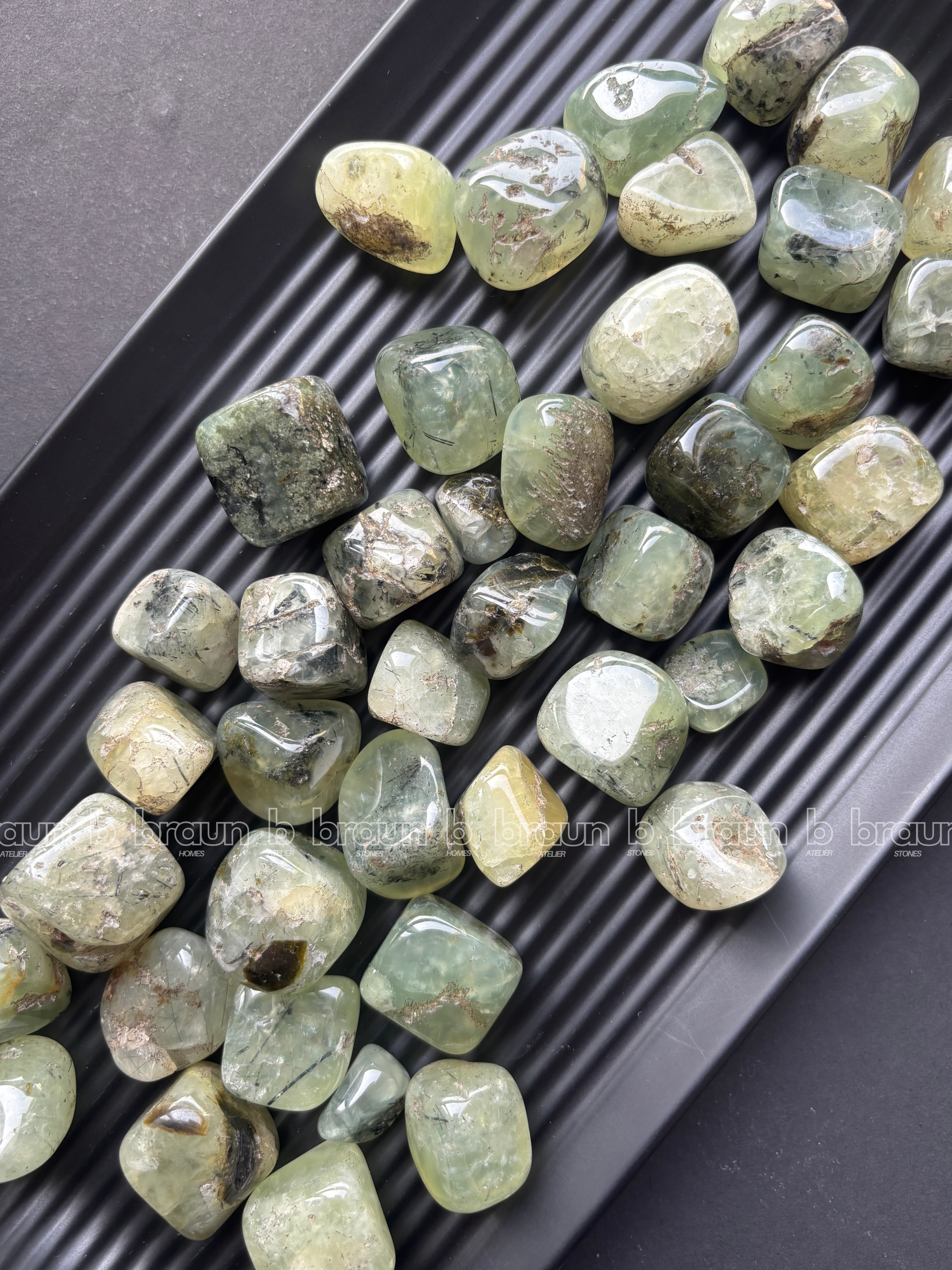 NaturalPrehnite tumbled crystals by Braun Homes √ê polished healing stones for meditation, Reiki, chakra balancing, anxiety relief, and spiritual energy protection in deep purple hues