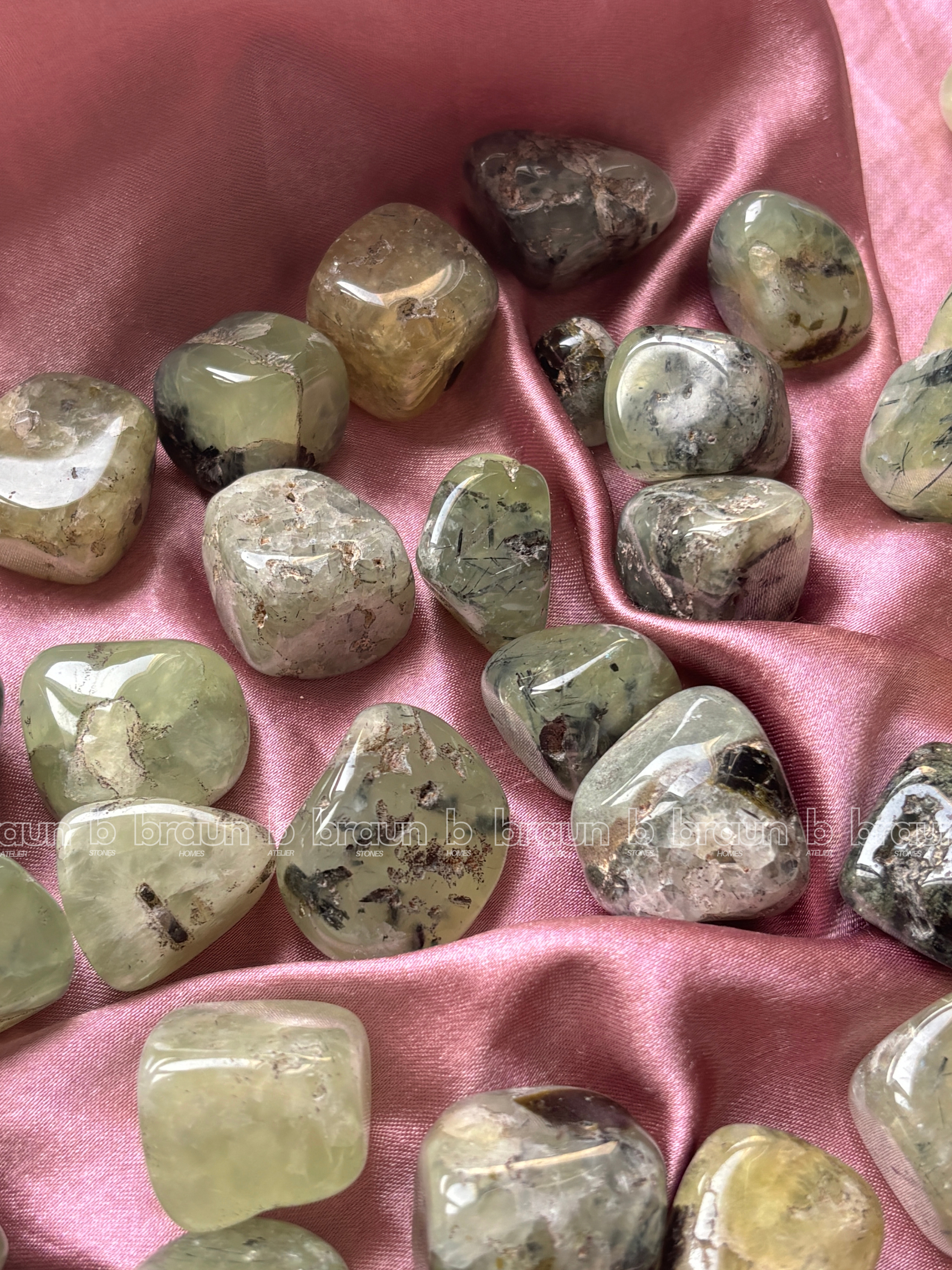 NaturalPrehnite tumbled crystals by Braun Homes √ê polished healing stones for meditation, Reiki, chakra balancing, anxiety relief, and spiritual energy protection in deep purple hues