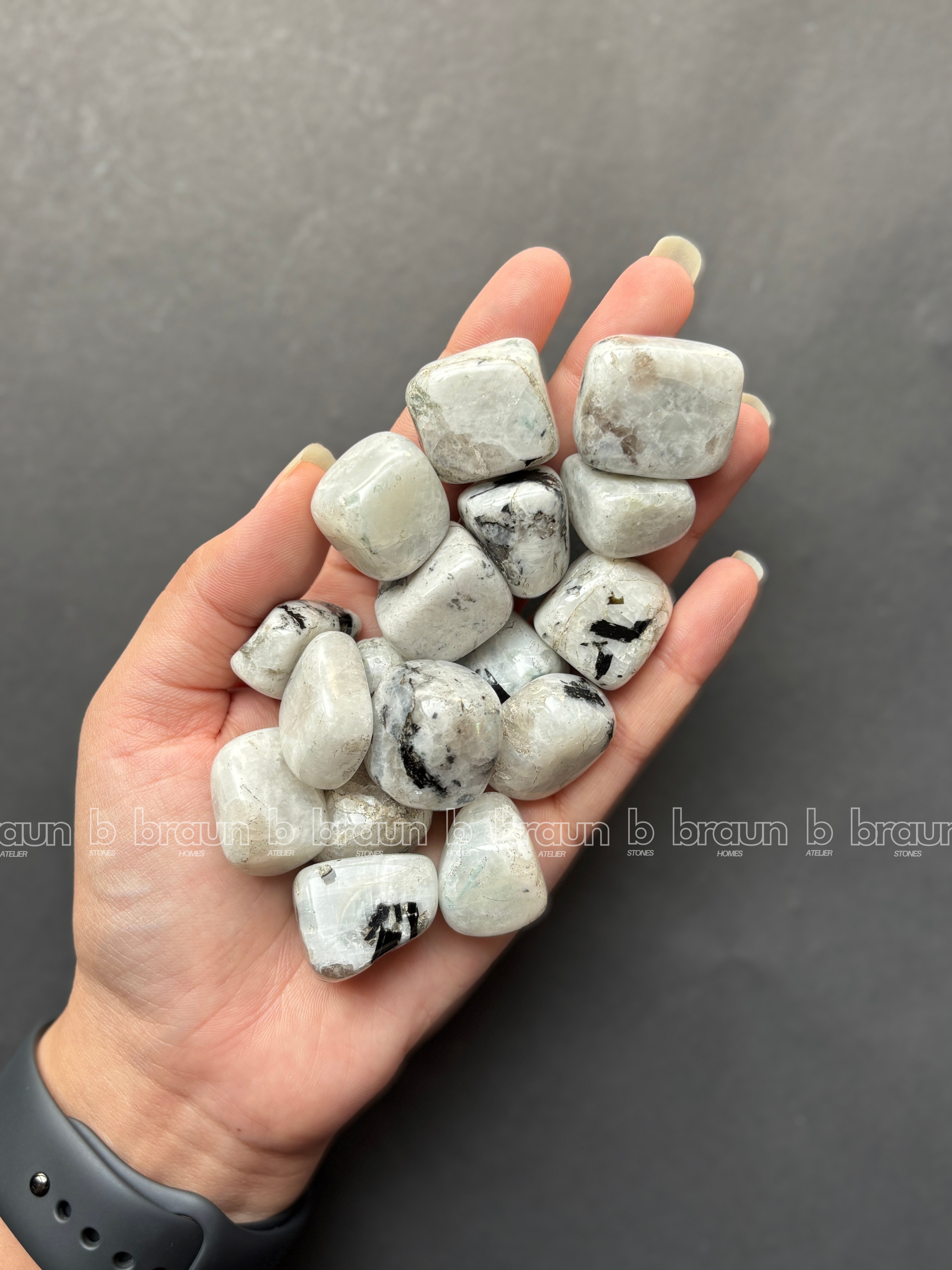 NaturalRainbow Moonstone tumbled crystals by Braun Homes √ê polished healing stones for meditation, Reiki, chakra balancing, anxiety relief, and spiritual energy protection in deep purple hues