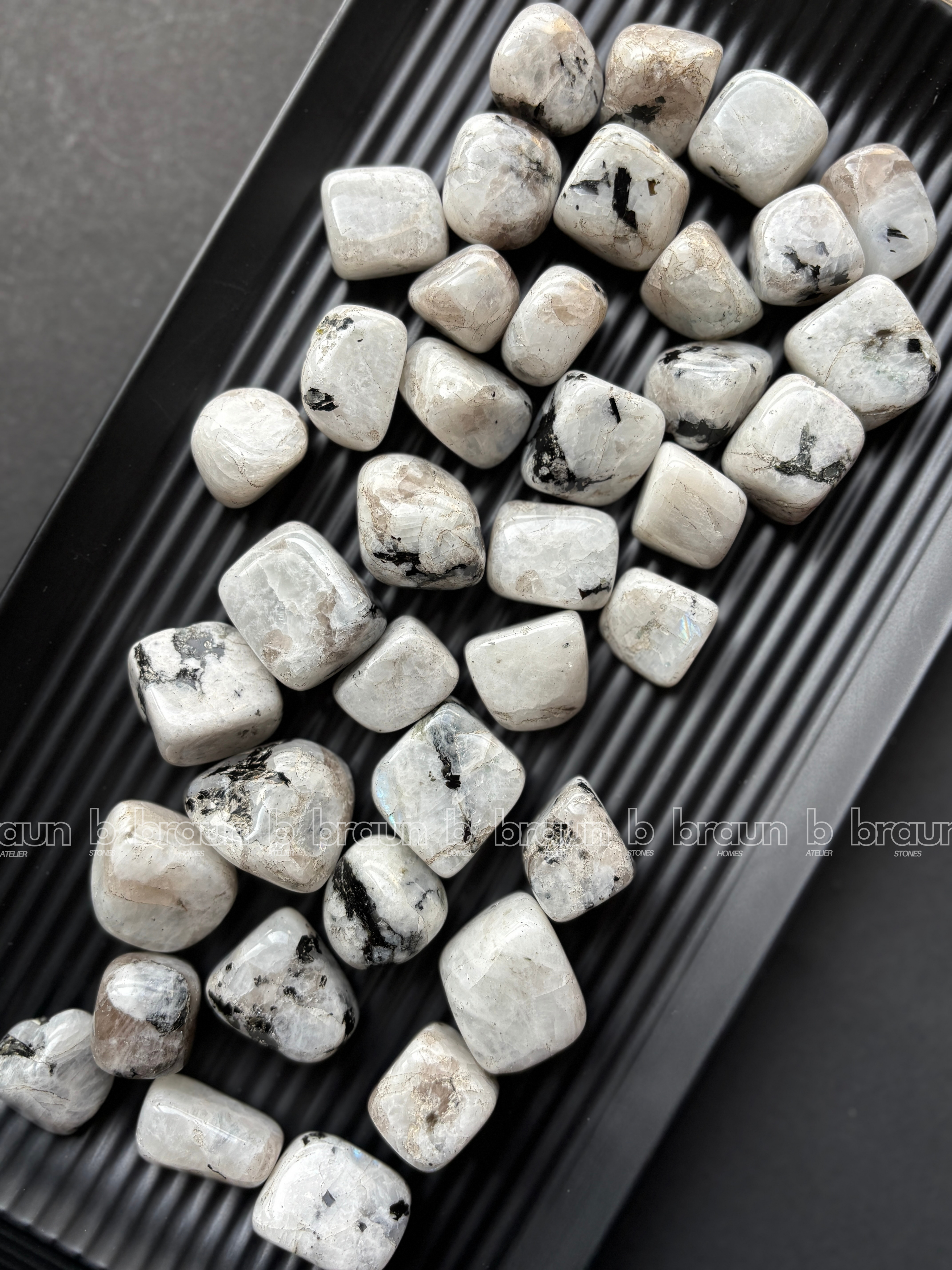 NaturalRainbow Moonstone tumbled crystals by Braun Homes √ê polished healing stones for meditation, Reiki, chakra balancing, anxiety relief, and spiritual energy protection in deep purple hues