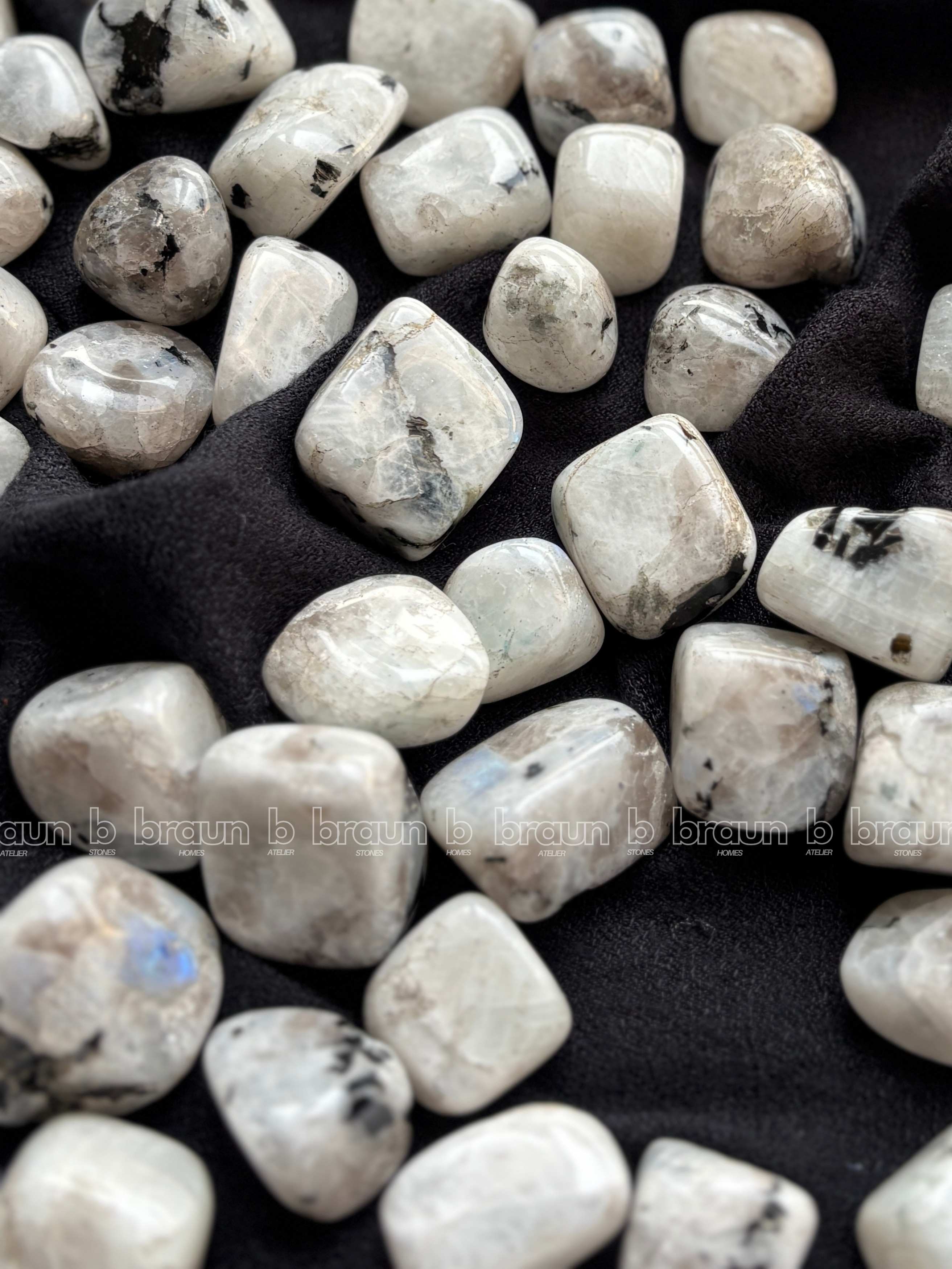 NaturalRainbow Moonstone tumbled crystals by Braun Homes √ê polished healing stones for meditation, Reiki, chakra balancing, anxiety relief, and spiritual energy protection in deep purple hues