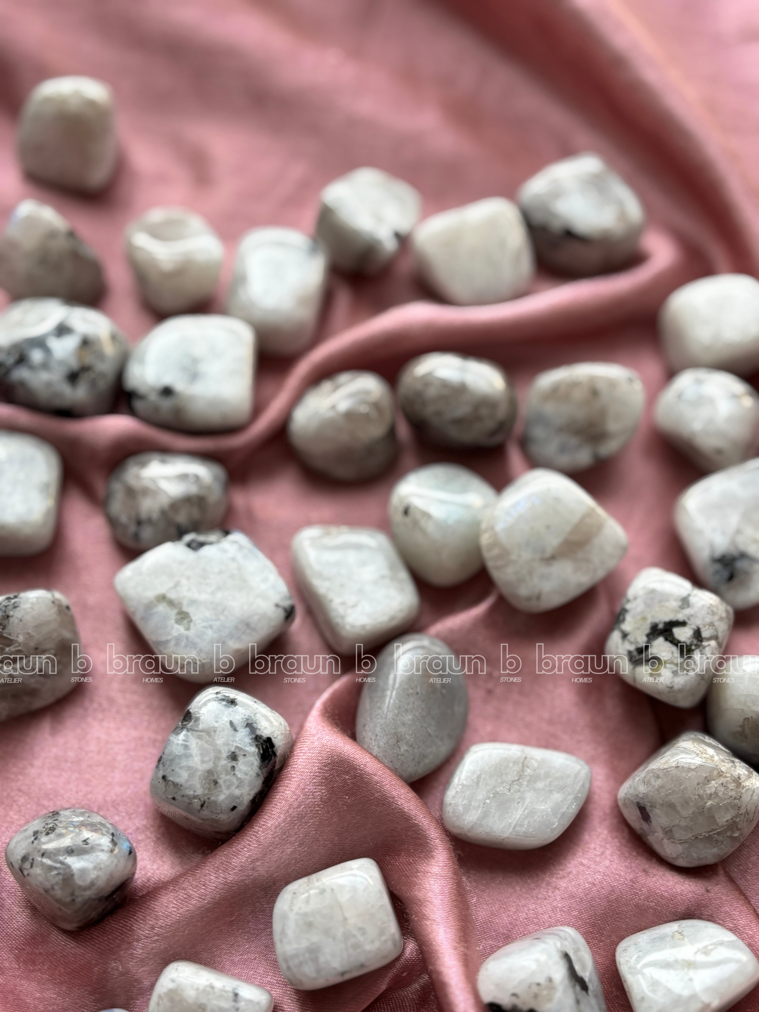 NaturalRainbow Moonstone tumbled crystals by Braun Homes √ê polished healing stones for meditation, Reiki, chakra balancing, anxiety relief, and spiritual energy protection in deep purple hues