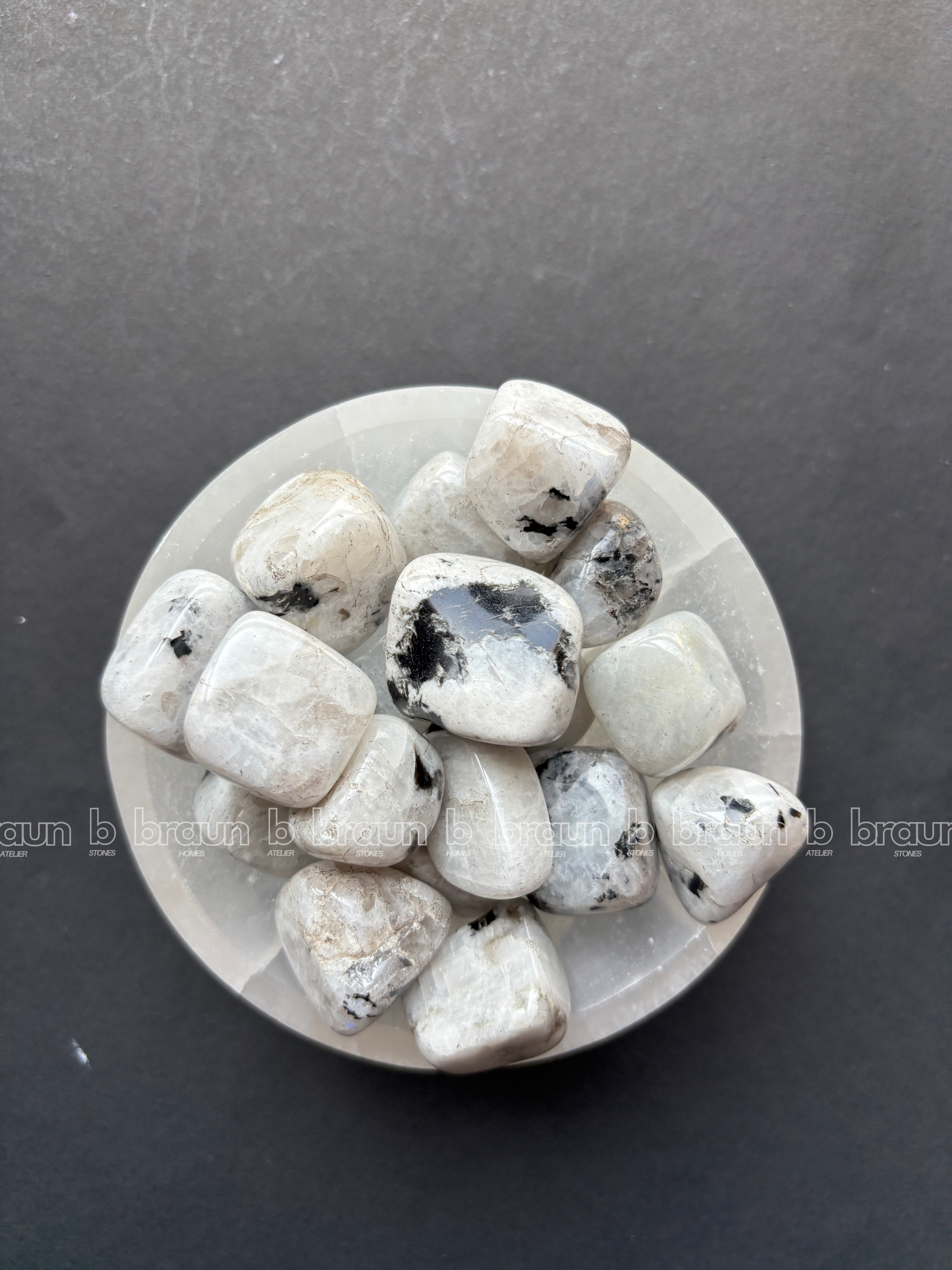 NaturalRainbow Moonstone tumbled crystals by Braun Homes √ê polished healing stones for meditation, Reiki, chakra balancing, anxiety relief, and spiritual energy protection in deep purple hues