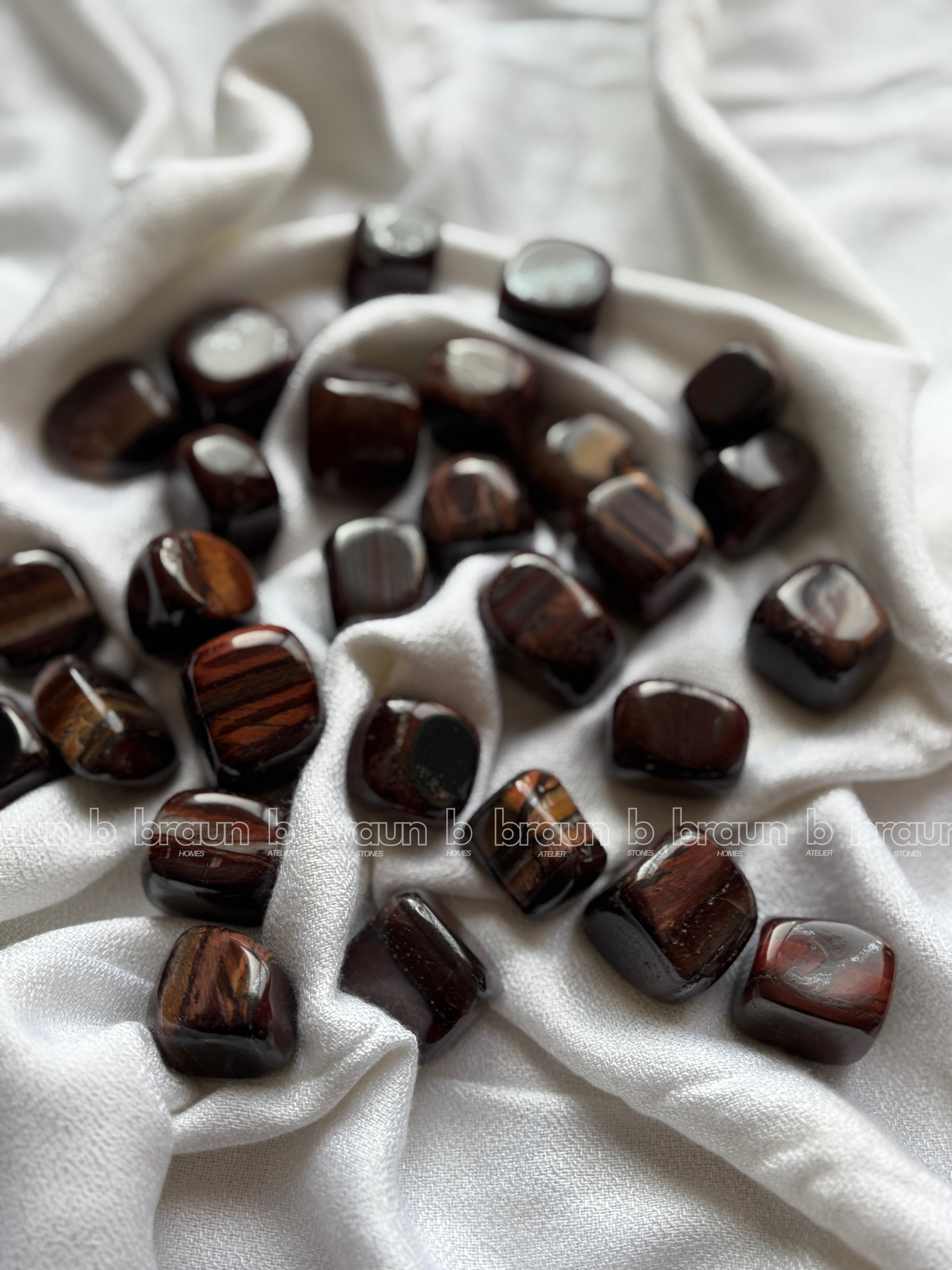 NaturalRed Tiger Eye tumbled crystals by Braun Homes √ê polished healing stones for meditation, Reiki, chakra balancing, anxiety relief, and spiritual energy protection in deep purple hues