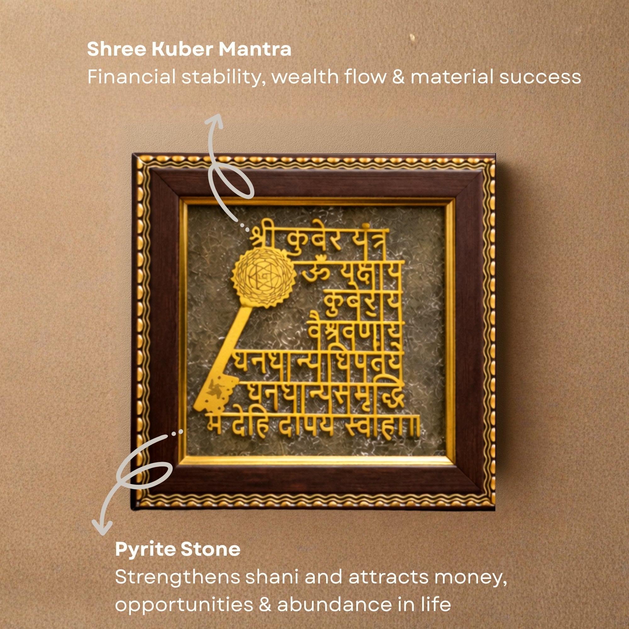 Pyrite Stone Vastu Frame | Shree Kuber Mantra | Wall Decor for Wealth, Prosperity & Protection