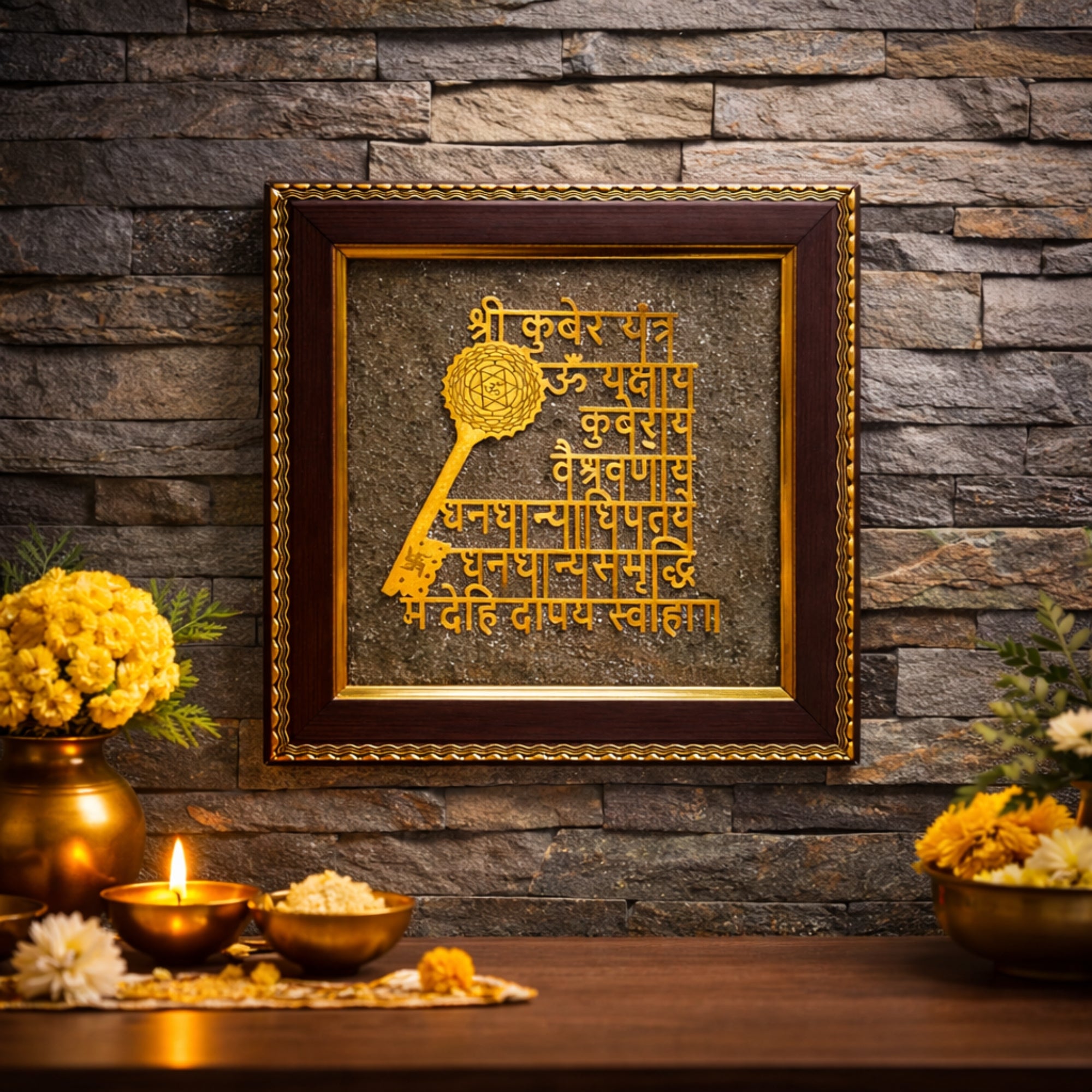 Pyrite Stone Vastu Frame | Shree Kuber Mantra | Wall Decor for Wealth, Prosperity & Protection