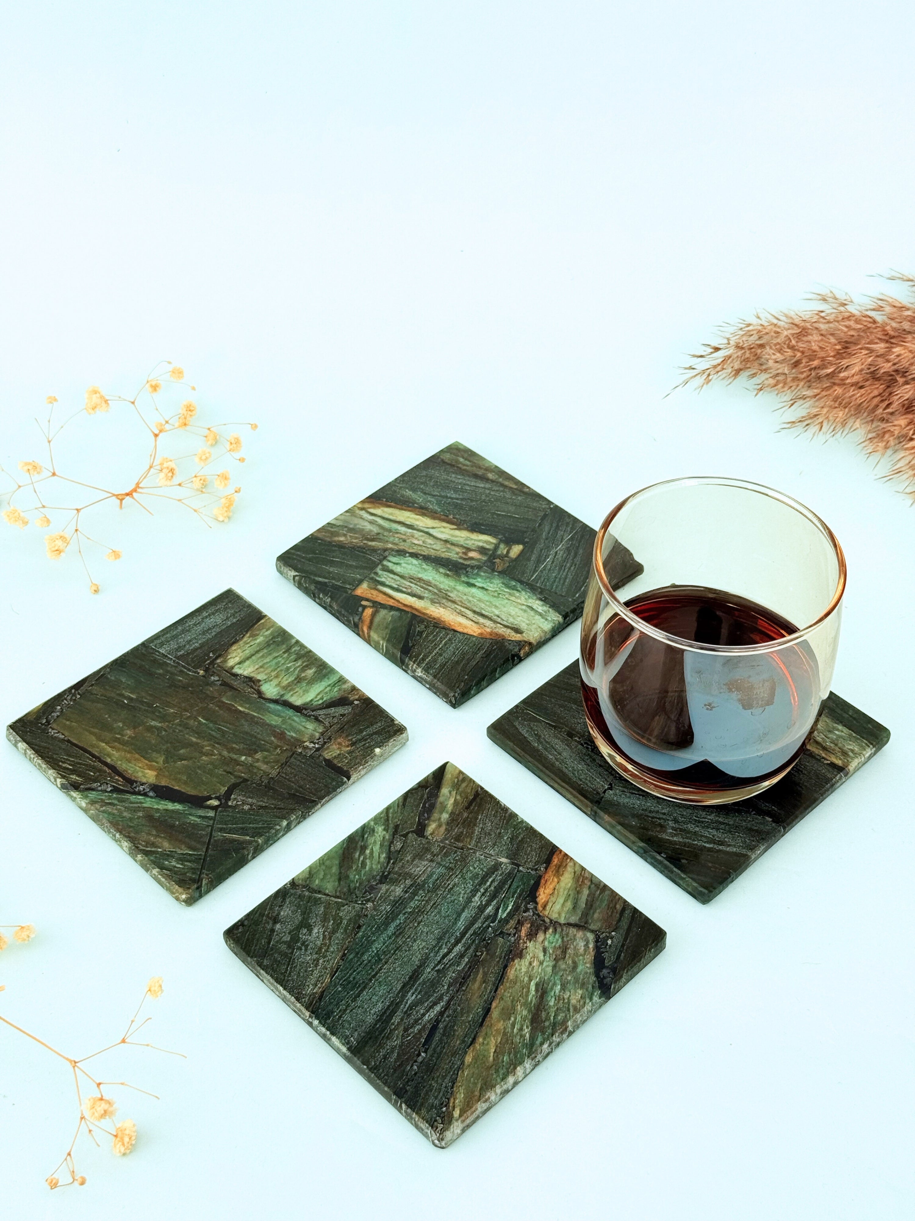 Green Mica Square Coasters