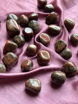 NaturalUnakite tumbled crystals by Braun Homes √ê polished healing stones for meditation, Reiki, chakra balancing, anxiety relief, and spiritual energy protection in deep purple hues