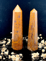 A tall, polished obelisk made of Mariam Jasper, standing upright with smooth, transparent facets that catch and reflect light