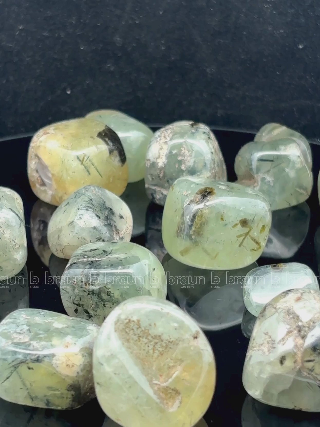 NaturalPrehnite tumbled crystals by Braun Homes √ê polished healing stones for meditation, Reiki, chakra balancing, anxiety relief, and spiritual energy protection in deep purple hues